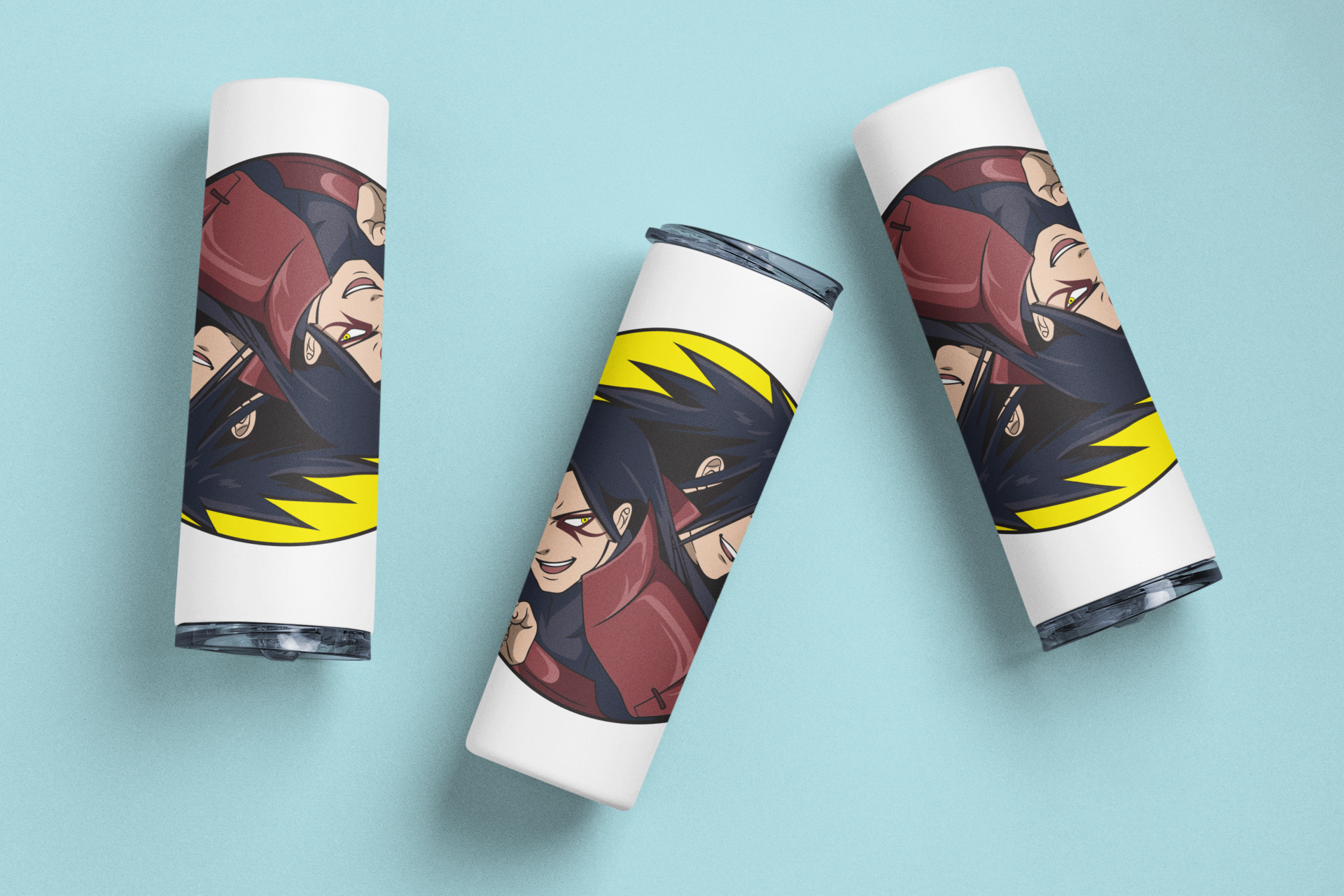 Madara Uchiha & Hashirama Senju Design Skinny Tumblers against minimalist surface.