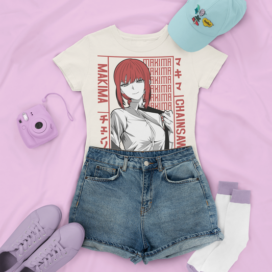 Makima Chainsaw Man Tee in natural with denim shorts, and low sneakers