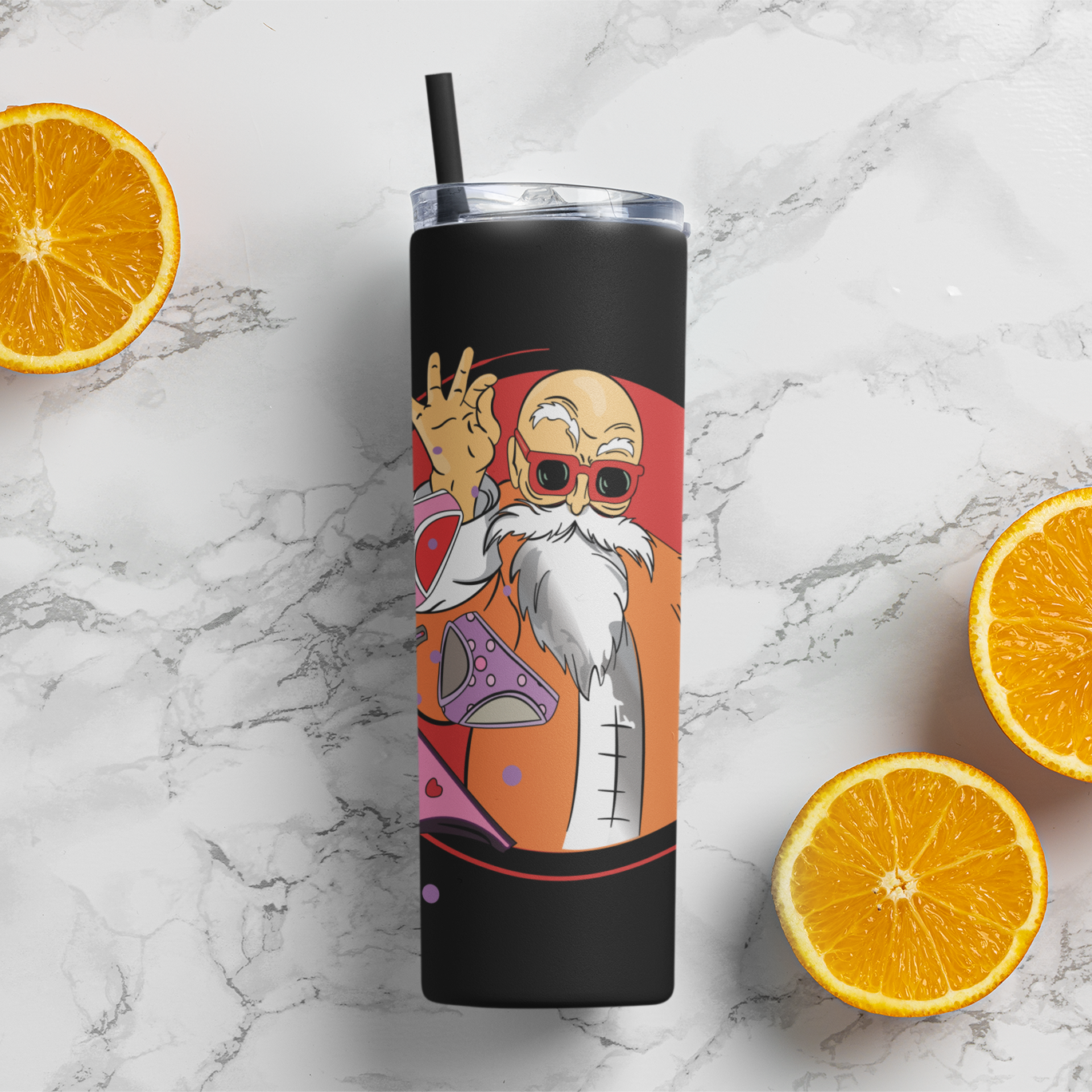 Master Roshi Underwear Toss Skinny Tumbler featuring some oranges