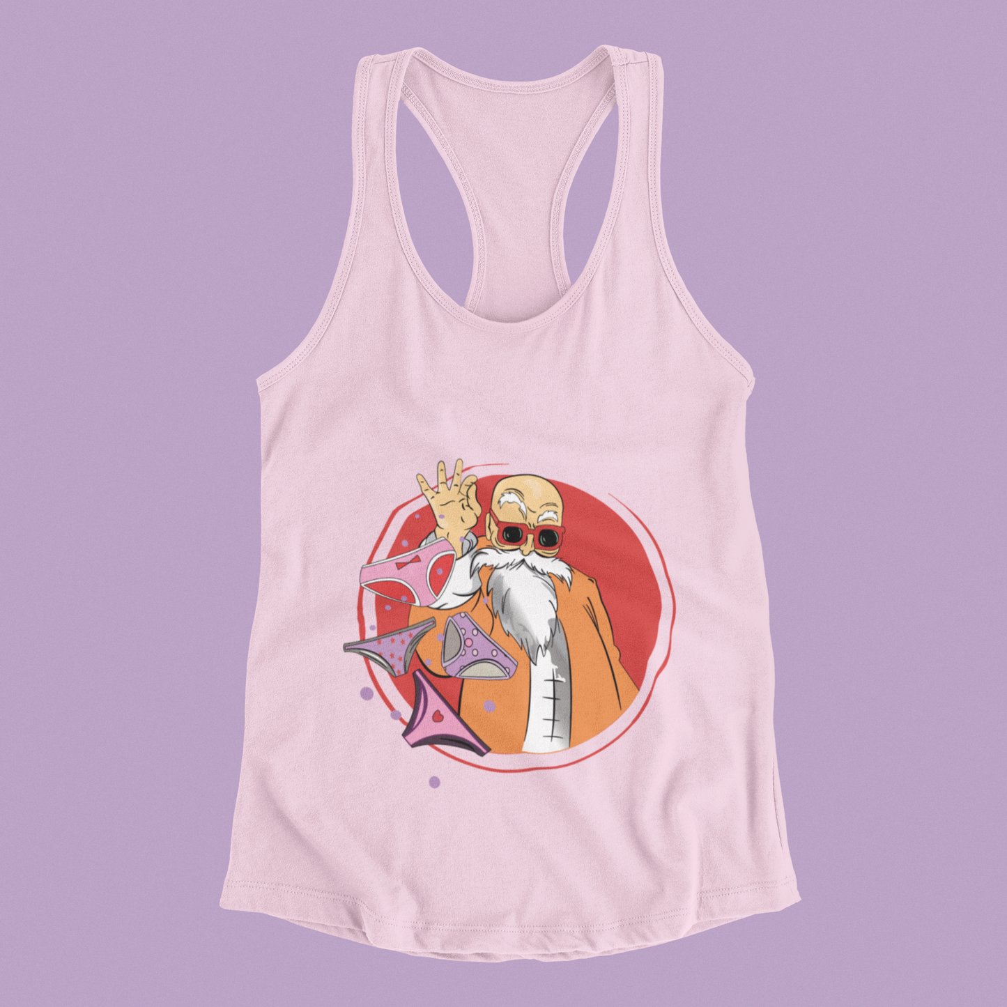 Master Roshi Underwear Toss Tank Top in blossom against minimalist surface.