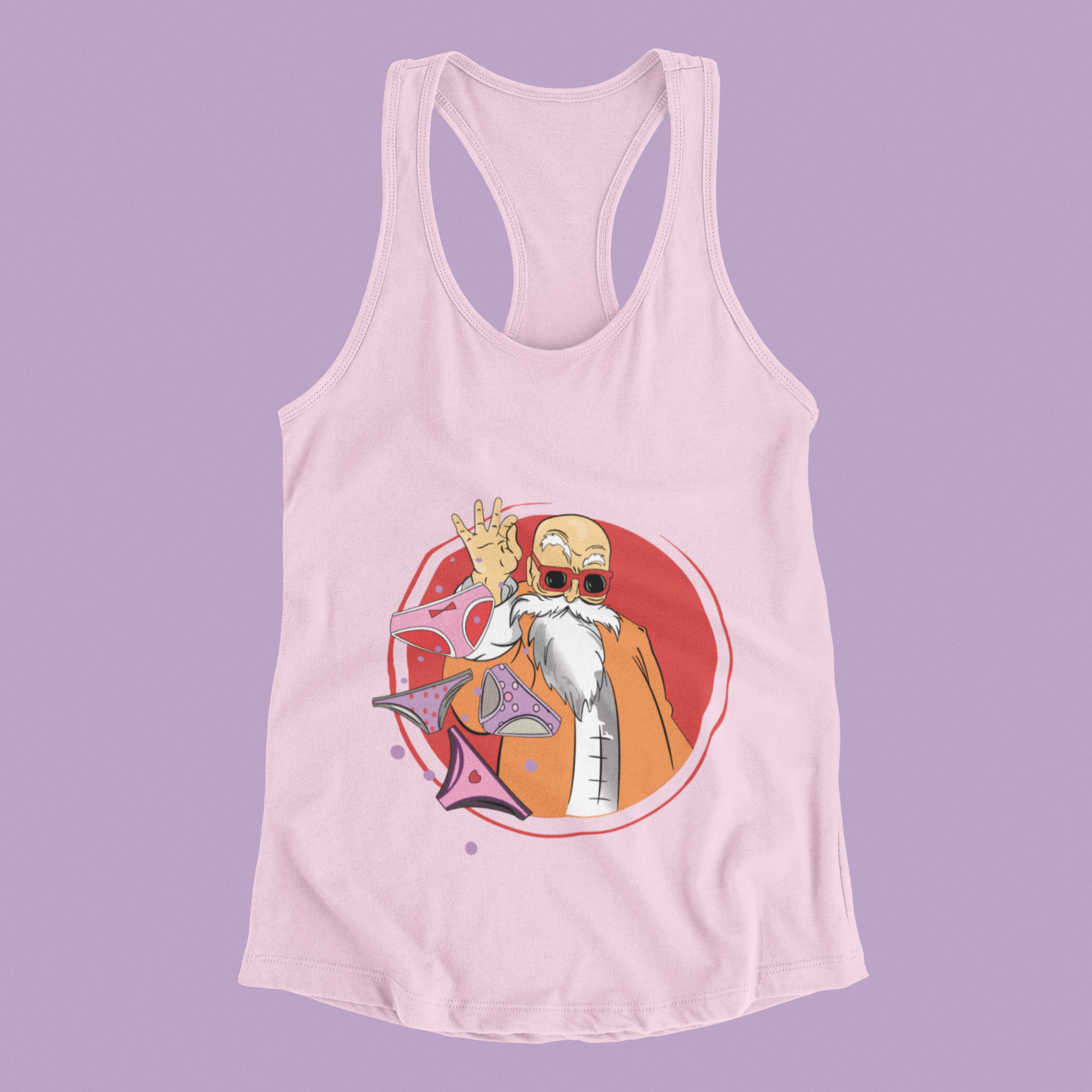 Master Roshi Underwear Toss Tank Top in blossom against minimalist surface.