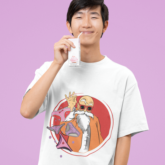 Happy man wearing Master Roshi Underwear Toss Tee in white drinking from a juice box in a kawaii style.