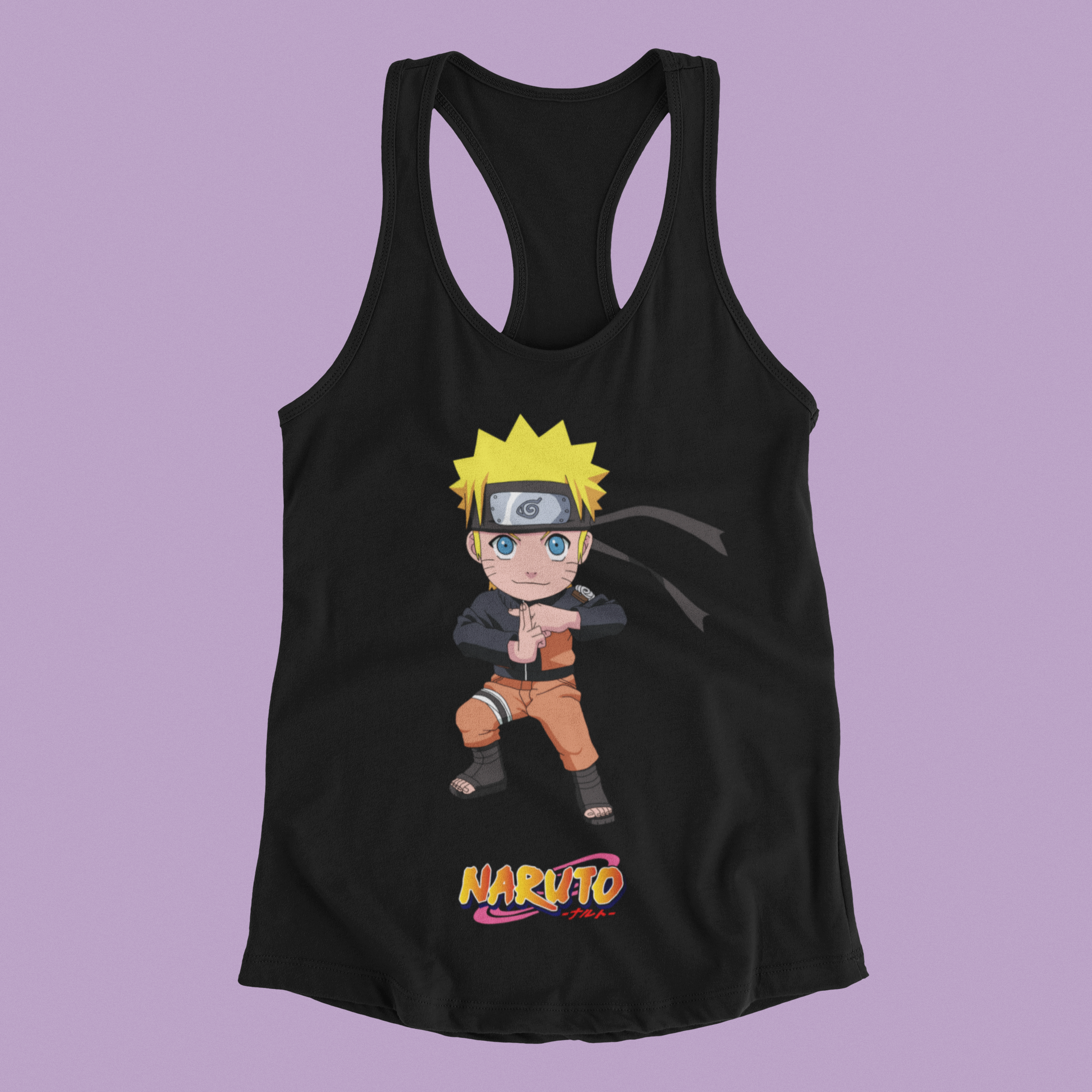 Naruto Chibi Tank Top in black against minimalist surface.