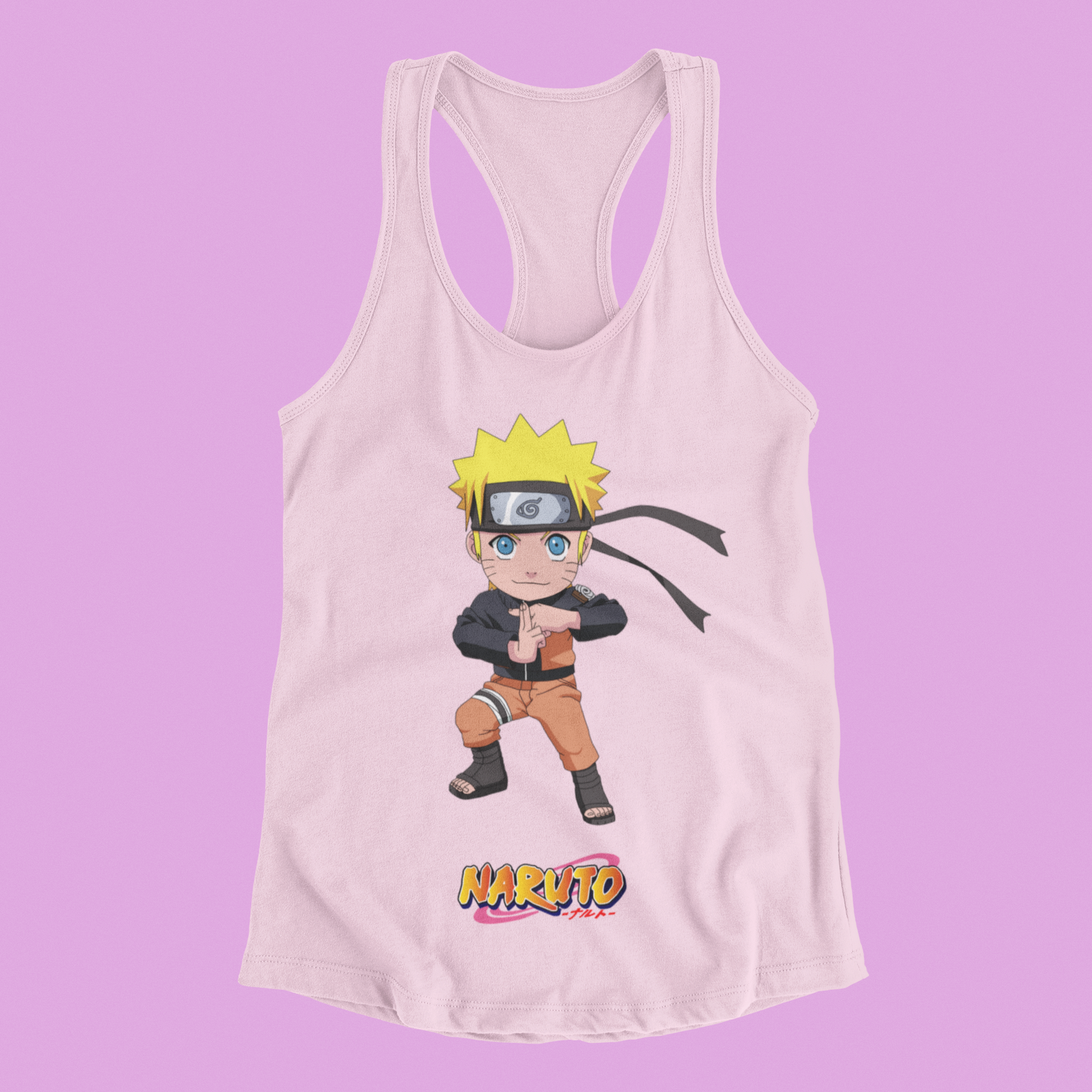 Naruto Chibi Tank Top in blossom against minimalist surface.