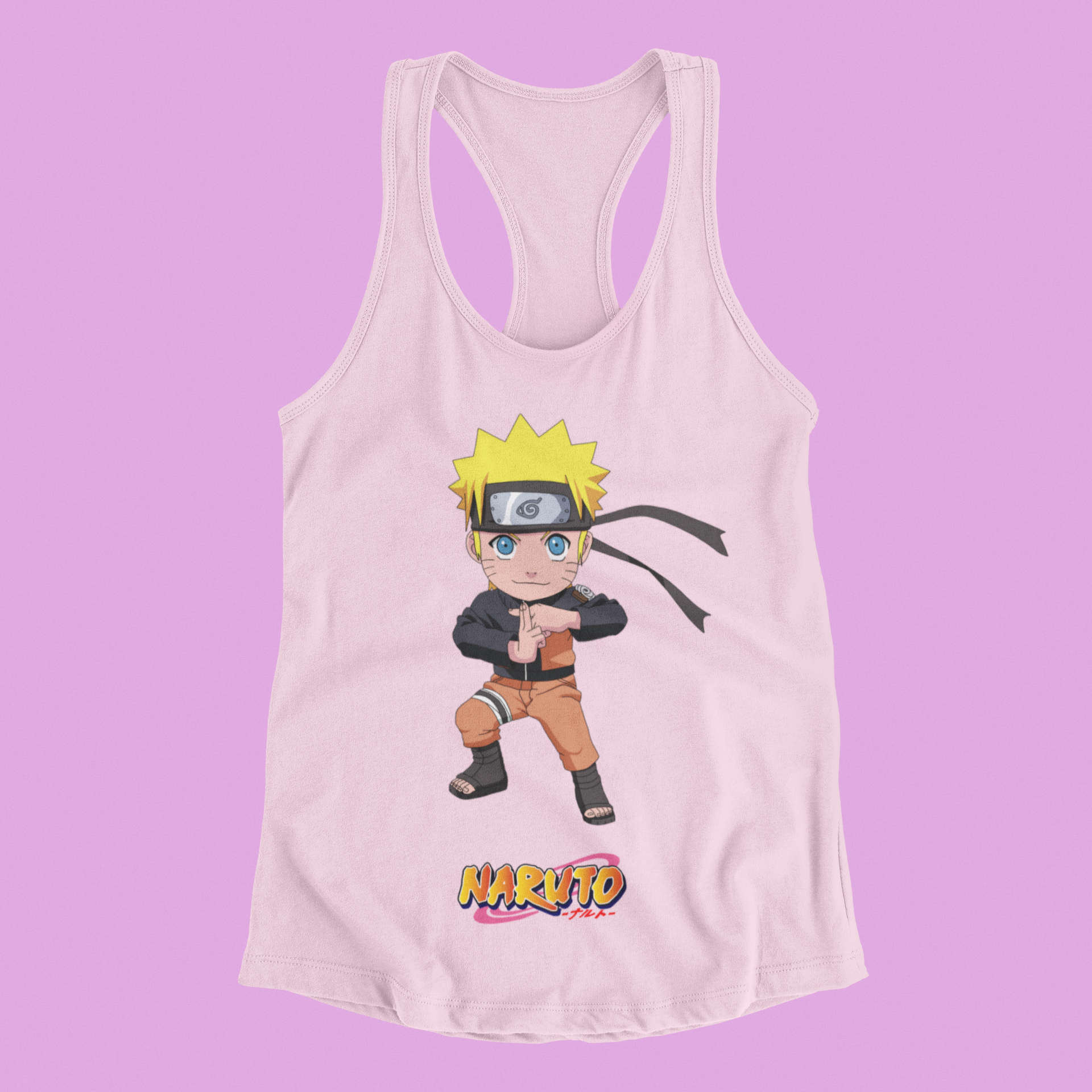 Naruto Chibi Tank Top in blossom against minimalist surface.