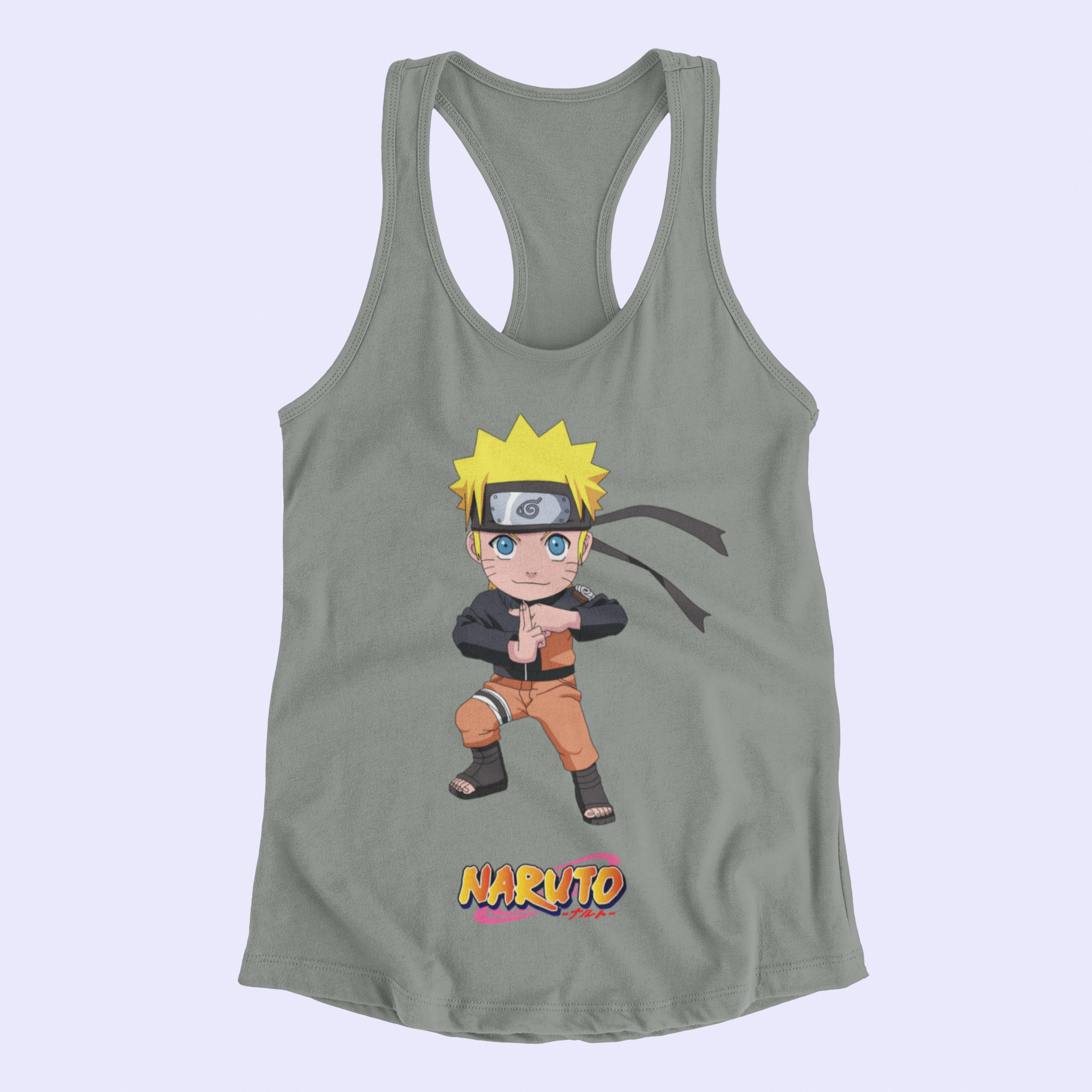 Naruto Chibi Tank Top in grey against minimalist surface.