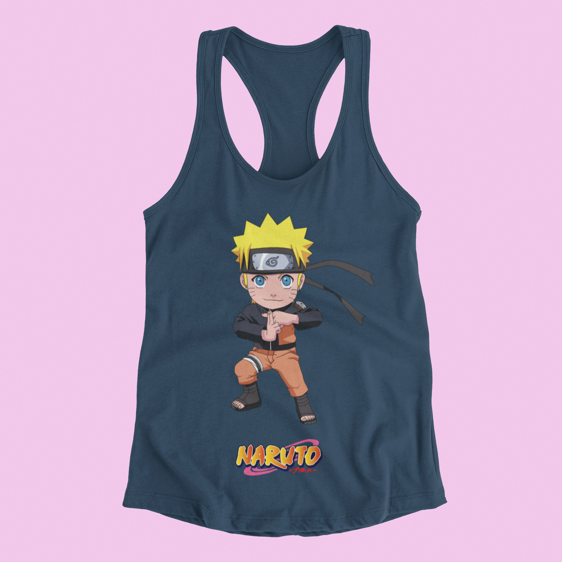 Naruto Chibi Tank Top in true navy against minimalist surface.