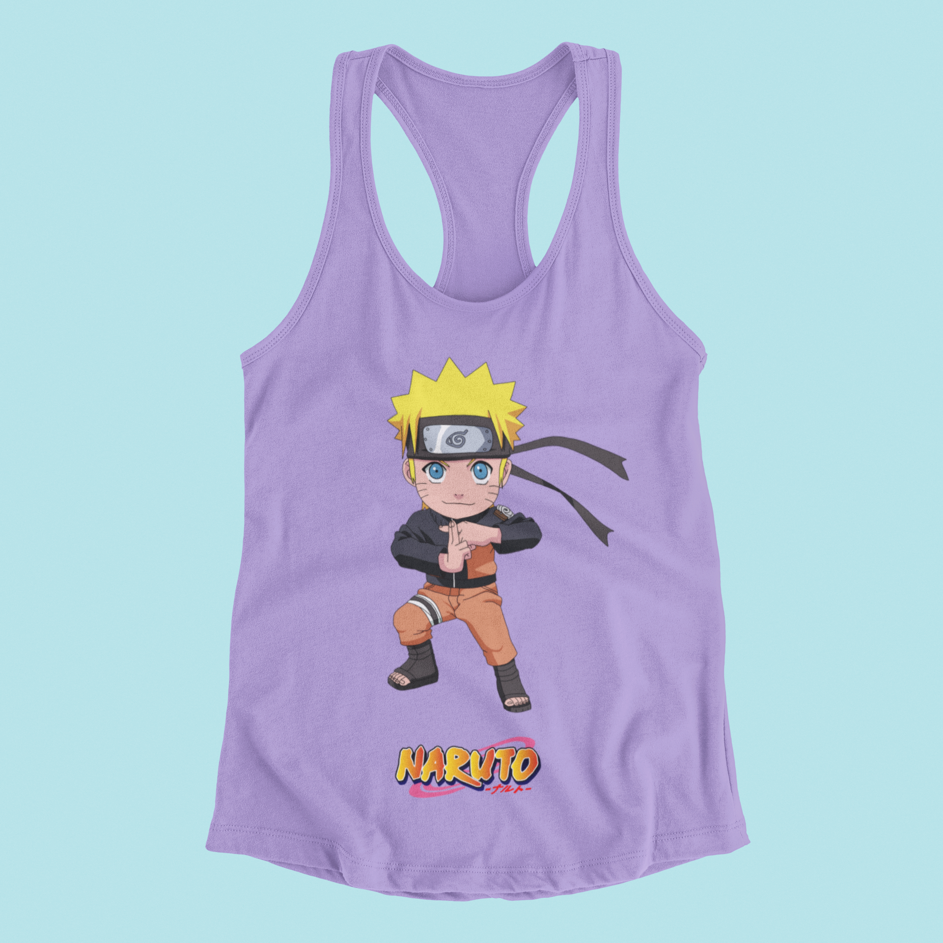 Naruto Chibi Tank Top in violet against minimalist surface.