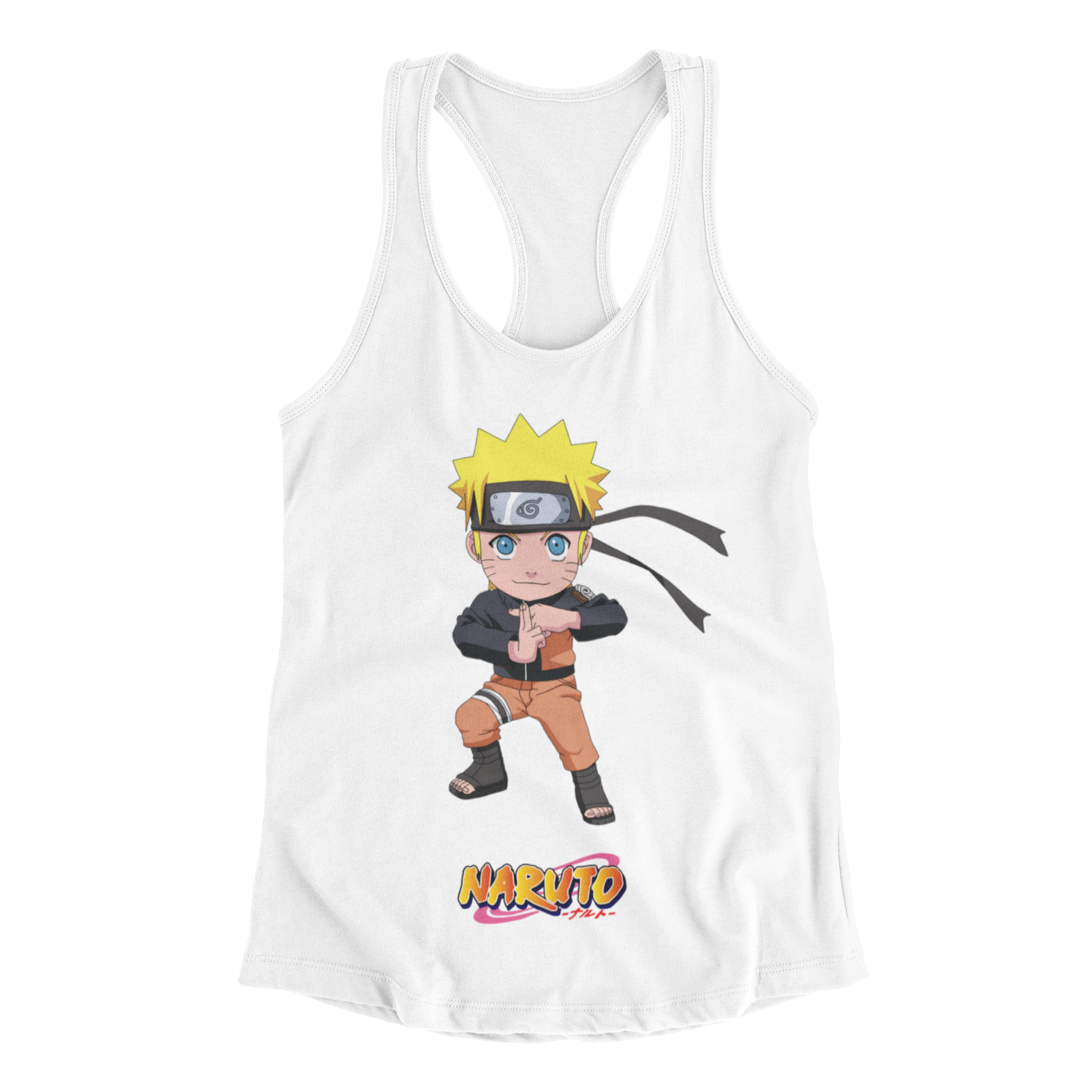 Naruto Chibi Tank Top in white against minimalist surface.