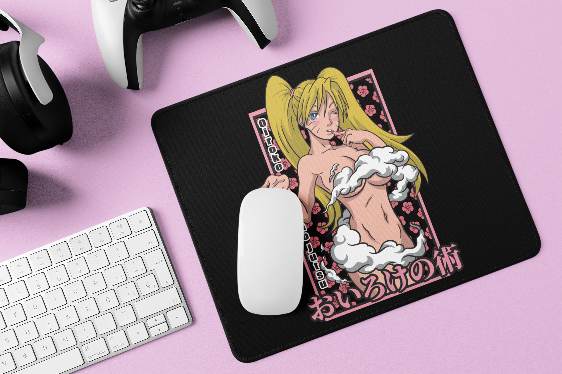 Closeup of Naruto Oiroke No Jutsu Sexy Mouse Pad on gamer's desk surrounded by accessories