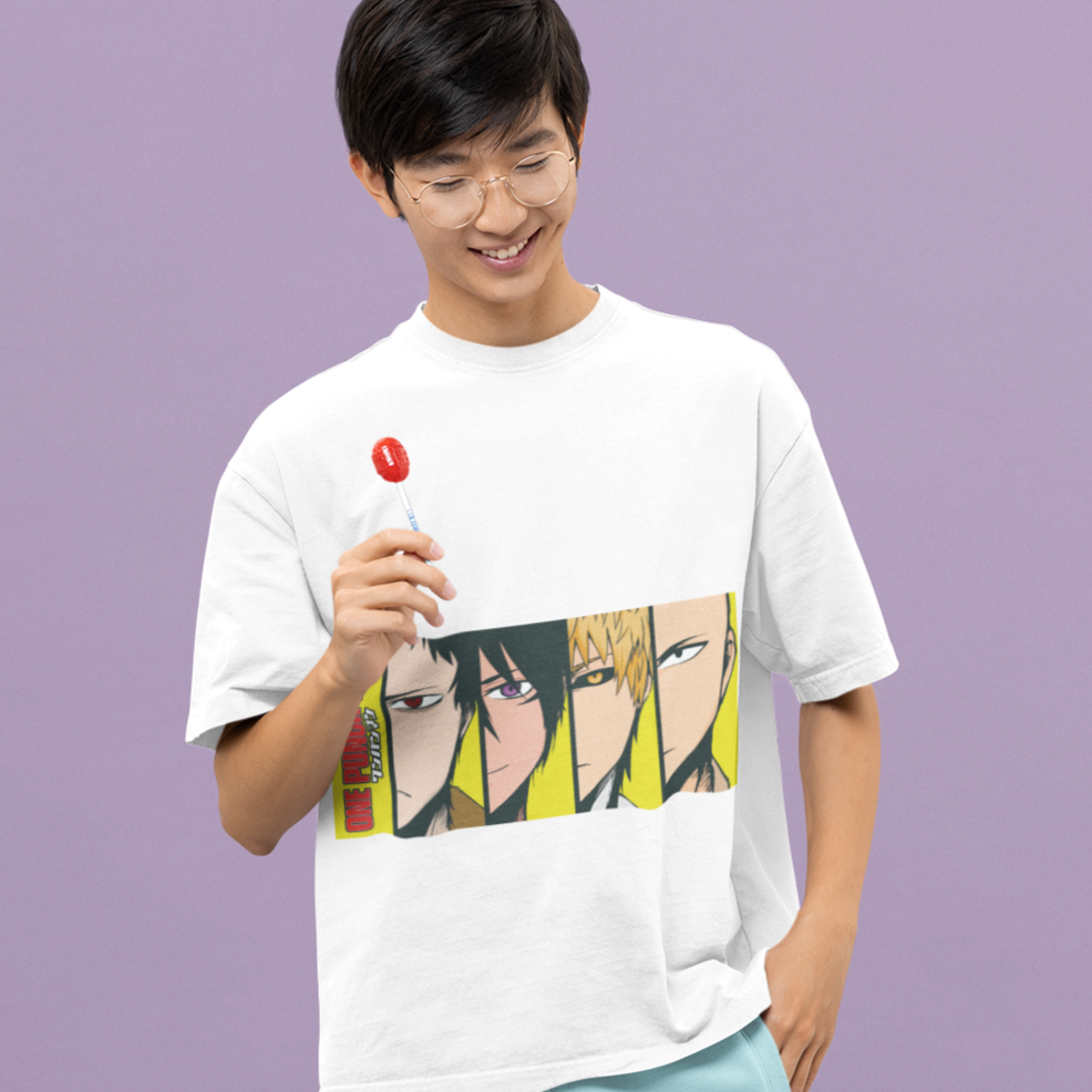 Happy man wearing a One Punch Man Heroes Tee in white with a lollipop in a kawaii style.