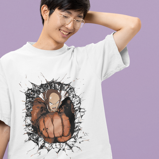 Happy man wearing One Punch Man Saitama Punch Tee in white smiling with his hand behind his head.