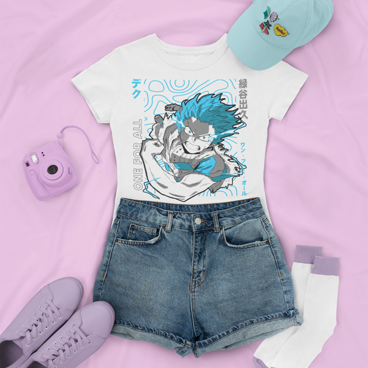 One For All Deku Hero Tee in white with denim shorts, and low sneakers