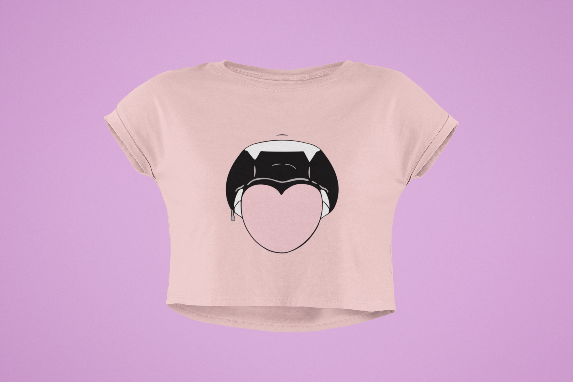 Pink Heart Tongue Hentai Crop Top in pink against minimalist surface.