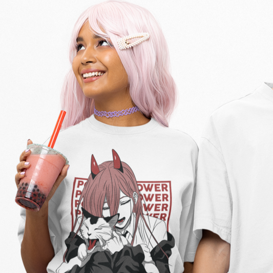 Woman wearing Power And Cat Anime Tee in white drinking boba tea.