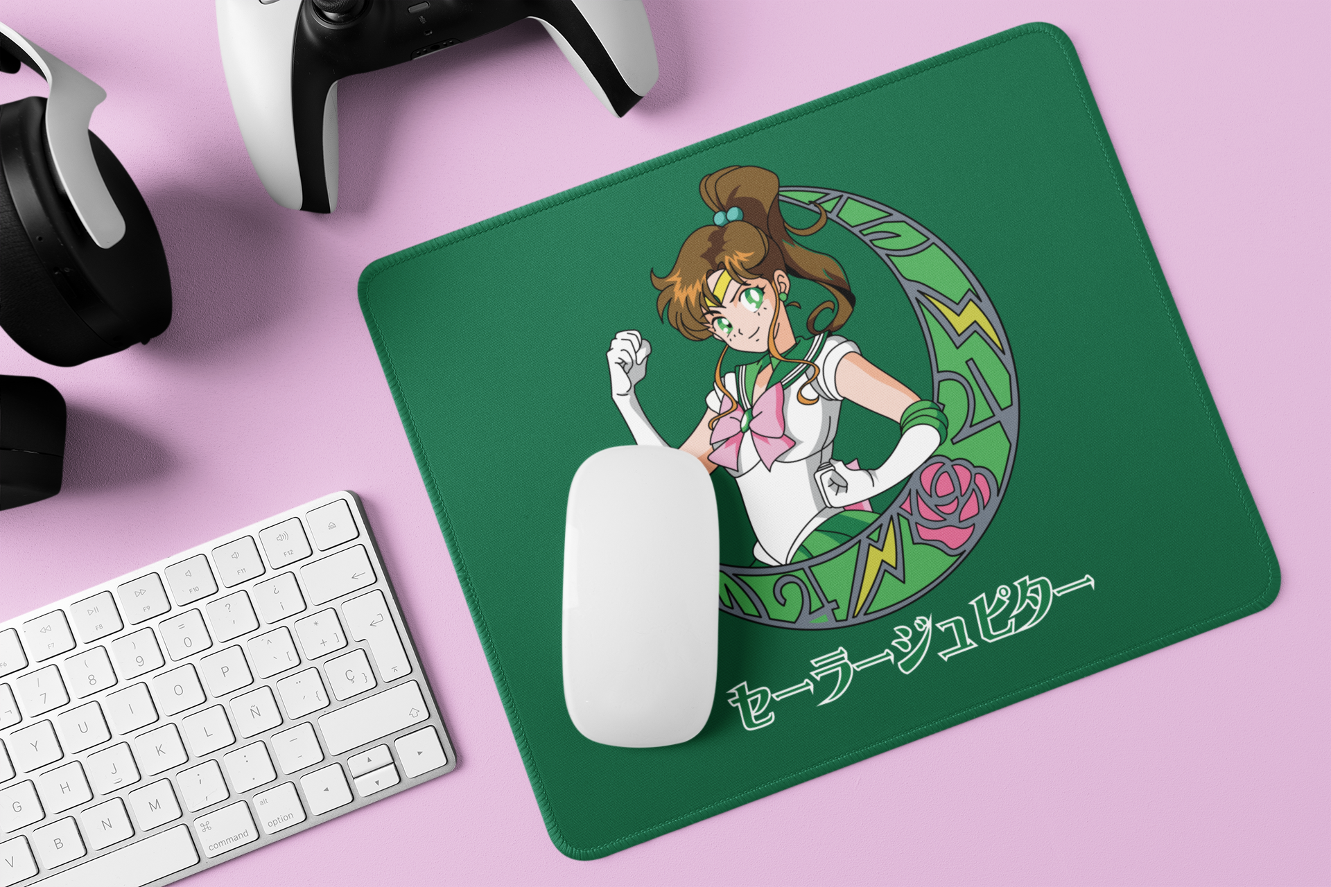 Closeup of Sailor Jupiter Crescent Moon Mouse Pad on gamer's desk surrounded by accessories