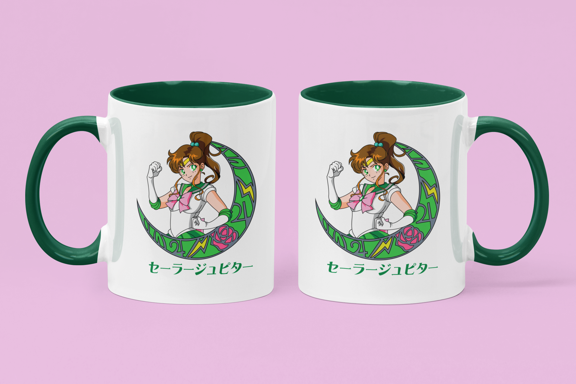 Sailor Mercury Crescent Moon Mugs against minimalist surface.