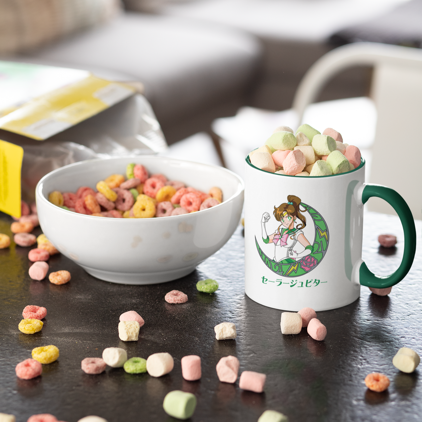 Sailor Jupiter Crescent Moon Mug on table next to muffin