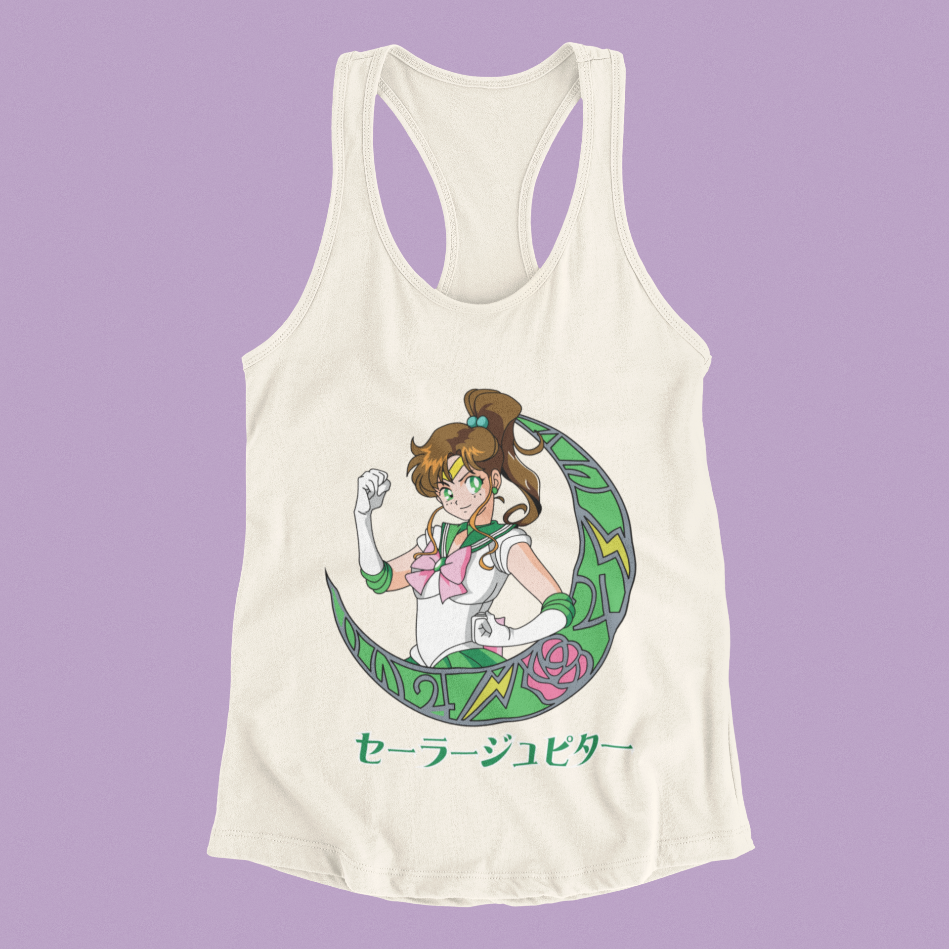 Sailor Jupiter Crescent Moon Tank Top in ivory against minimalist surface.