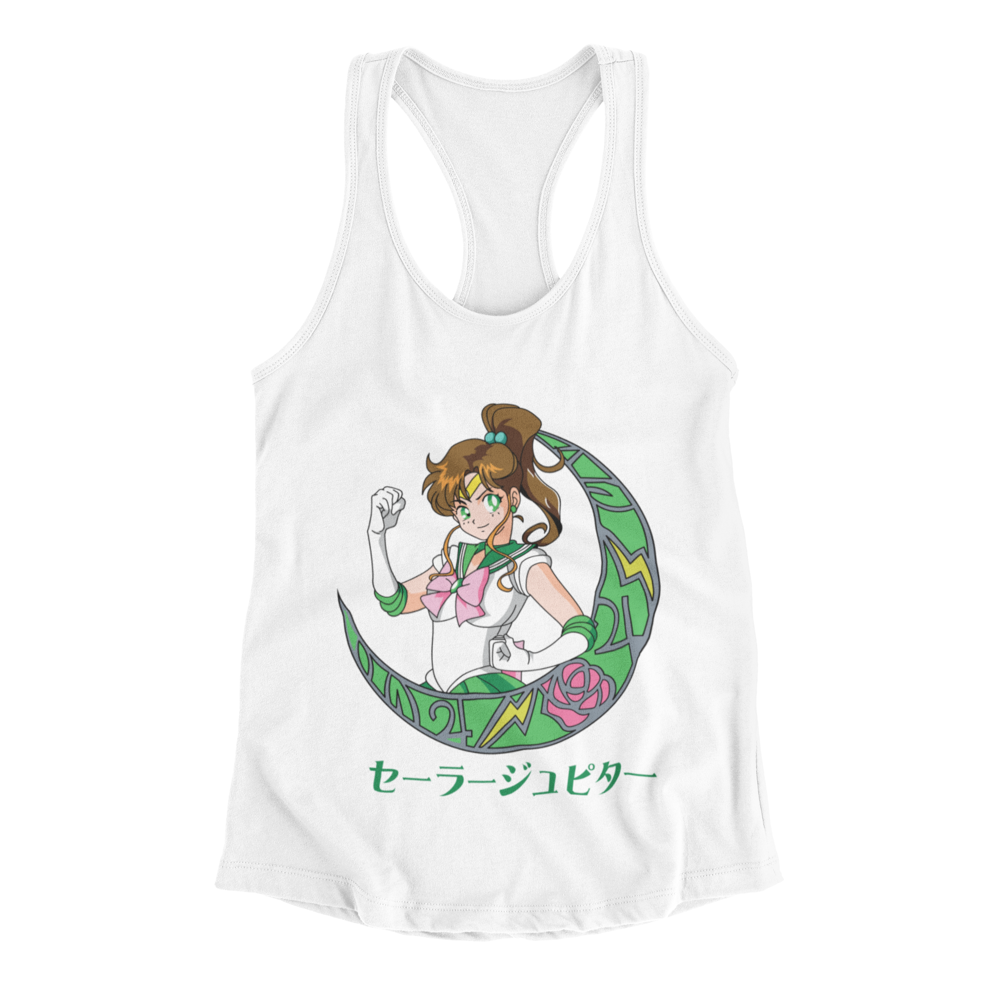 Sailor Jupiter Crescent Moon Tank Top in white against minimalist surface.