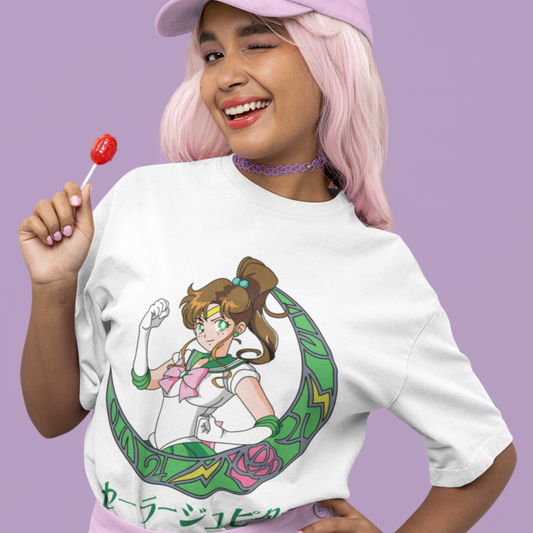 Woman wearing a Sailor Jupiter Crescent Moon Tee in white winking at the camera.