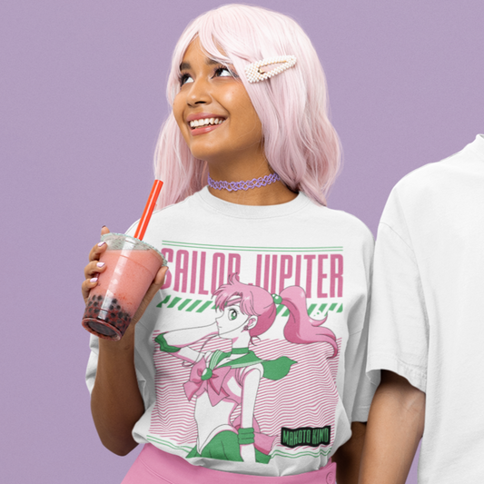 Woman wearing Sailor Jupiter Crystal Power Tee in white drinking boba tea.