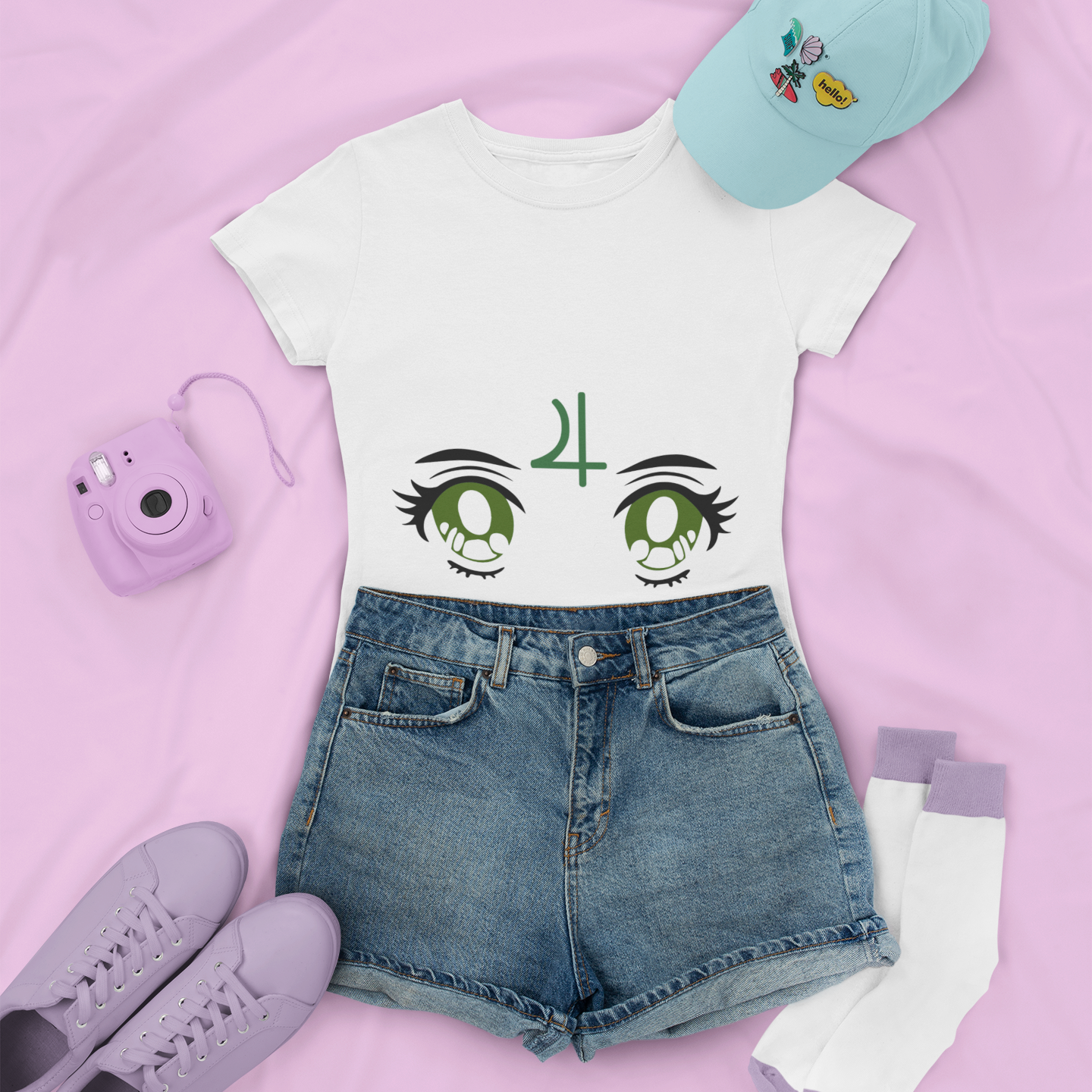 Sailor Jupiter Transformation Eyes Tee in white with denim shorts, and low sneakers