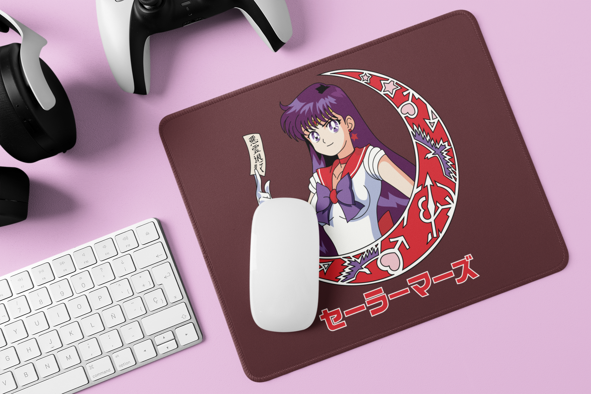 Closeup of Sailor Mars Crescent Moon Mouse Pad on gamer's desk surrounded by accessories