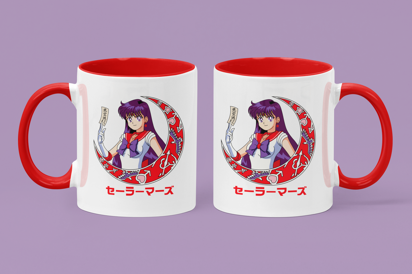 Sailor Mars Crescent Moon Mugs against minimalist surface.