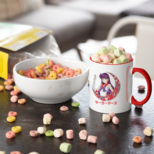 Sailor Mars Crescent Moon Mug on a table next to muffin