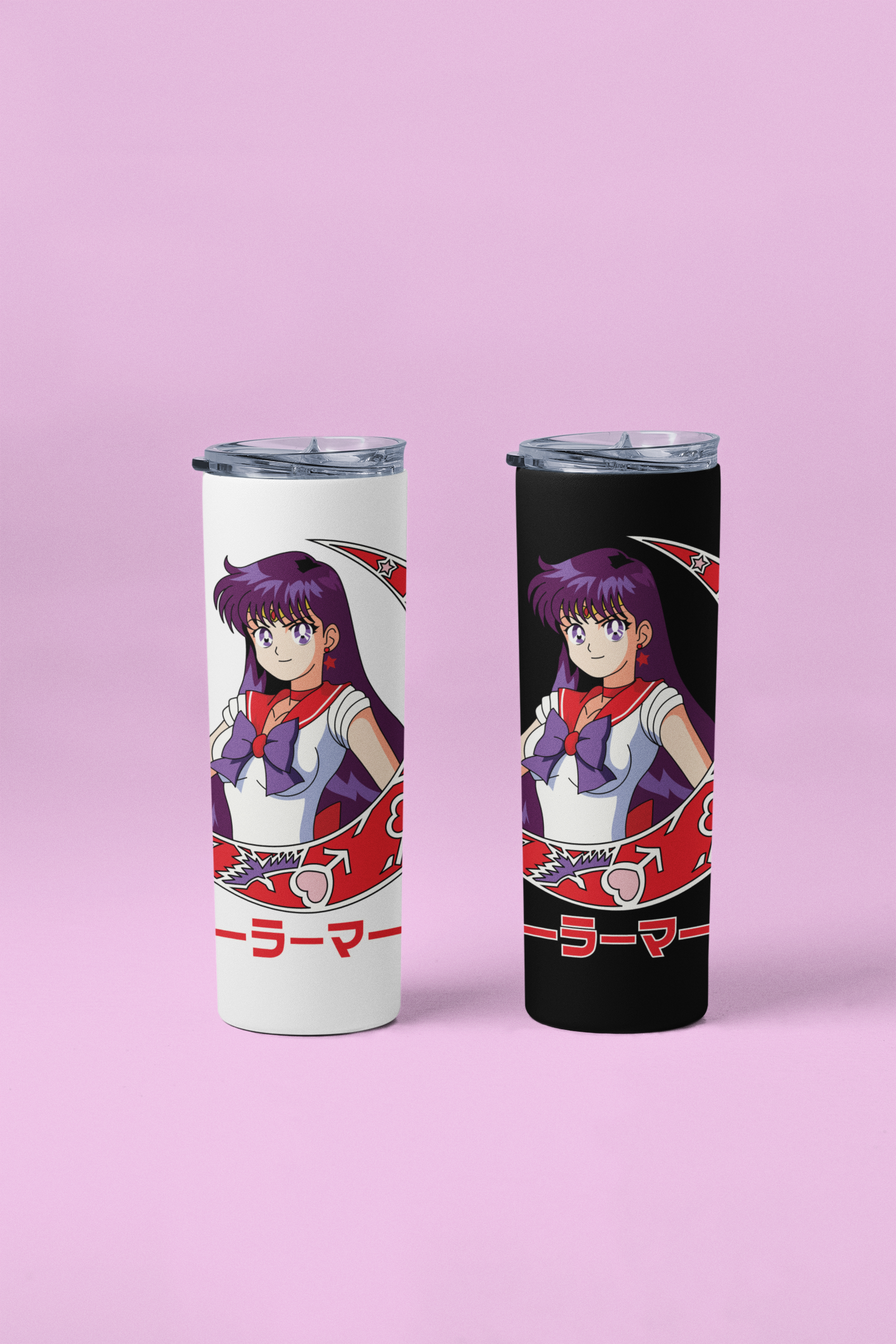 Sailor Mars Crescent Moon Skinny Tumblers against minimalist surface.