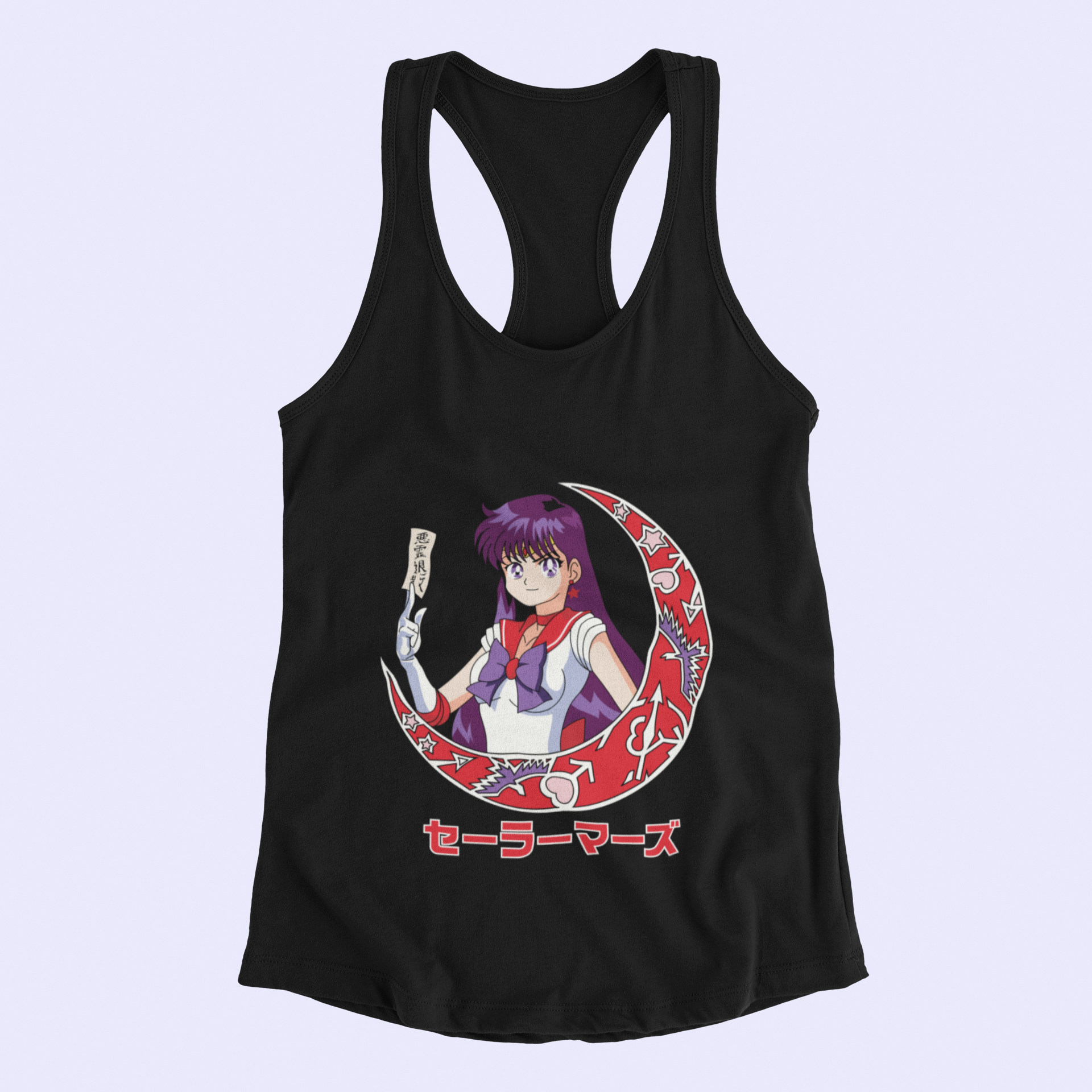 Sailor Mars Crescent Moon Tank Top in black against minimalist surface.