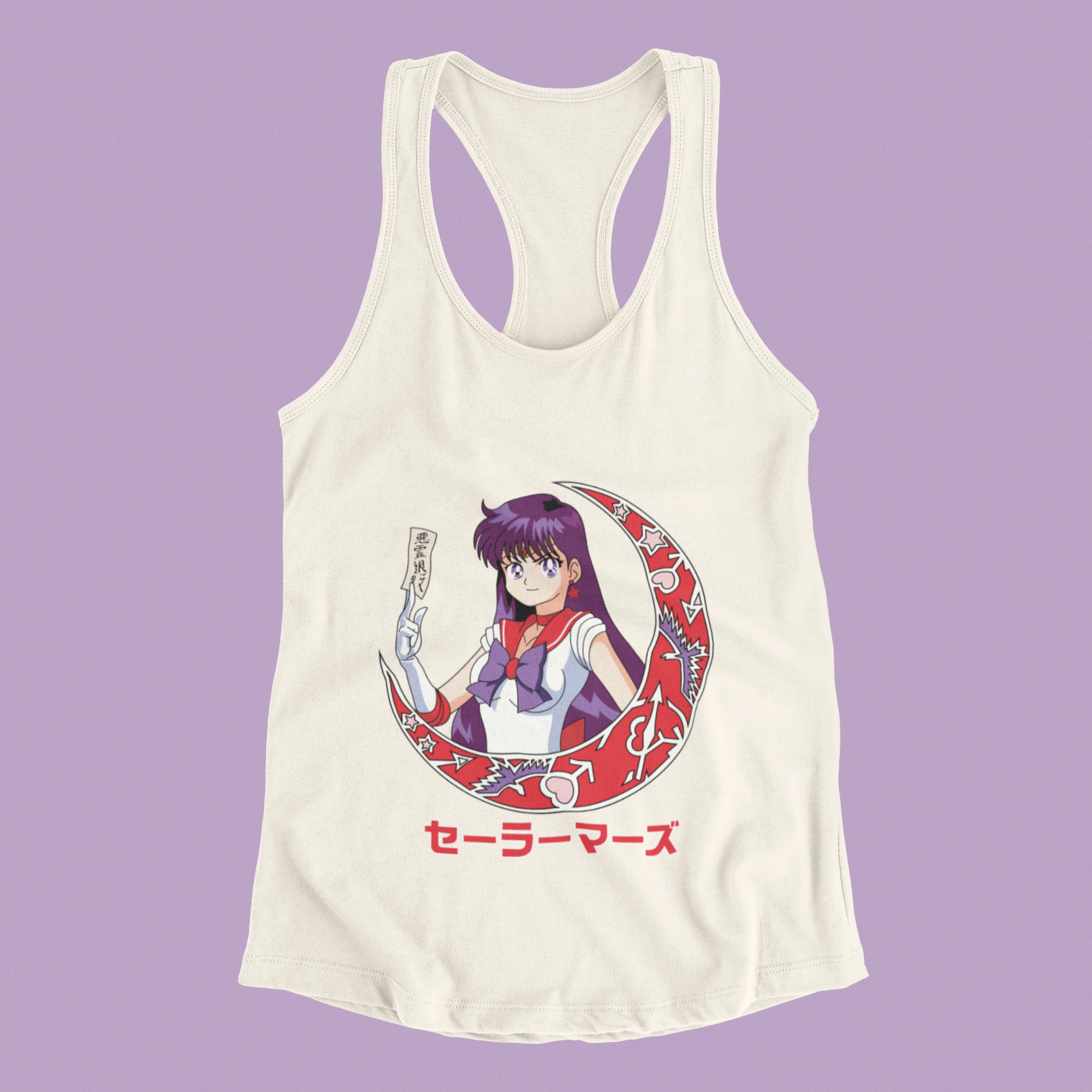 Sailor Mars Crescent Moon Tank Top in ivory against minimalist surface.