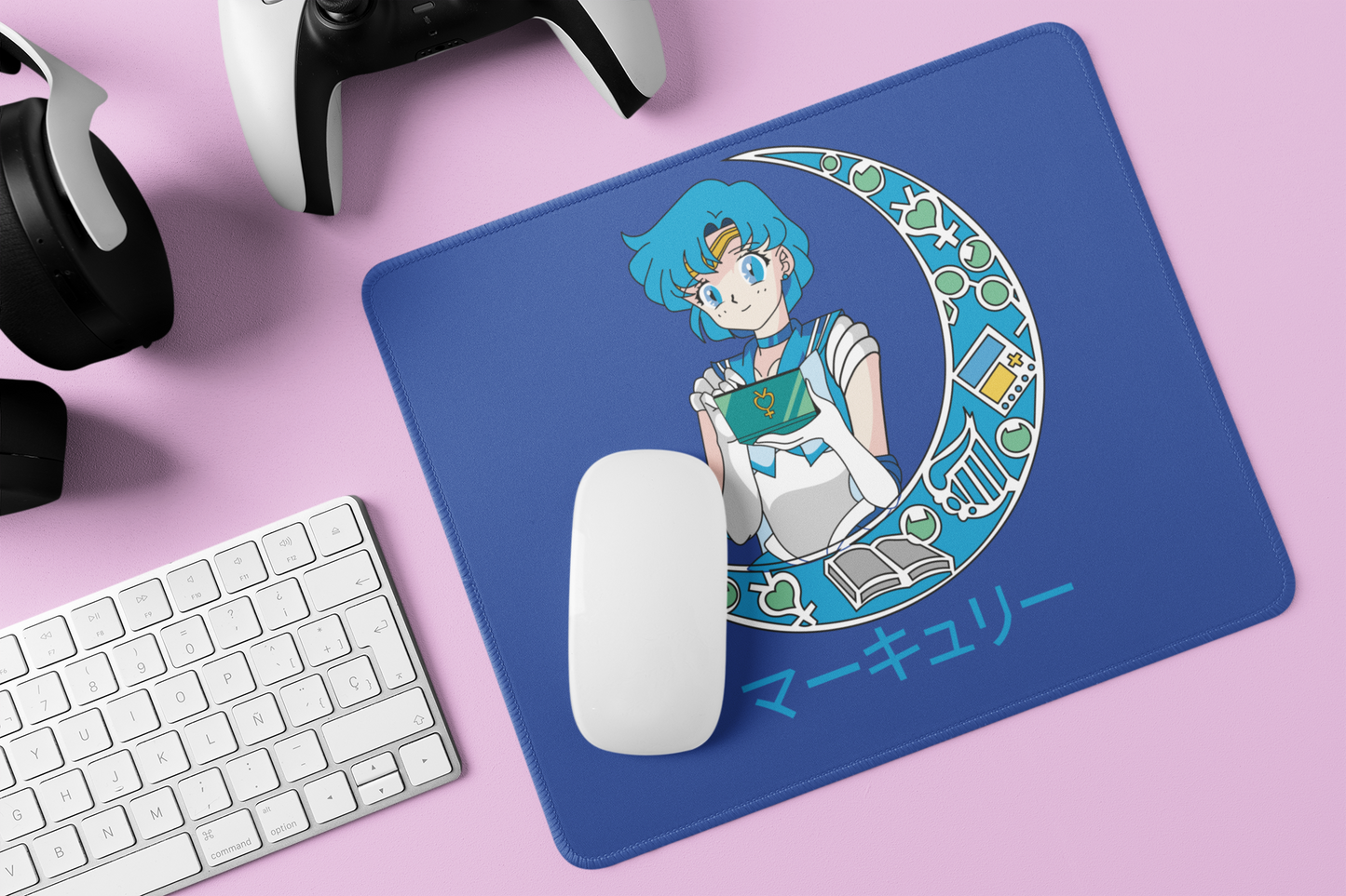 Closeup of Sailor Mercury Crescent Moon Mouse Pad on a gamer's desk surrounded by accessories