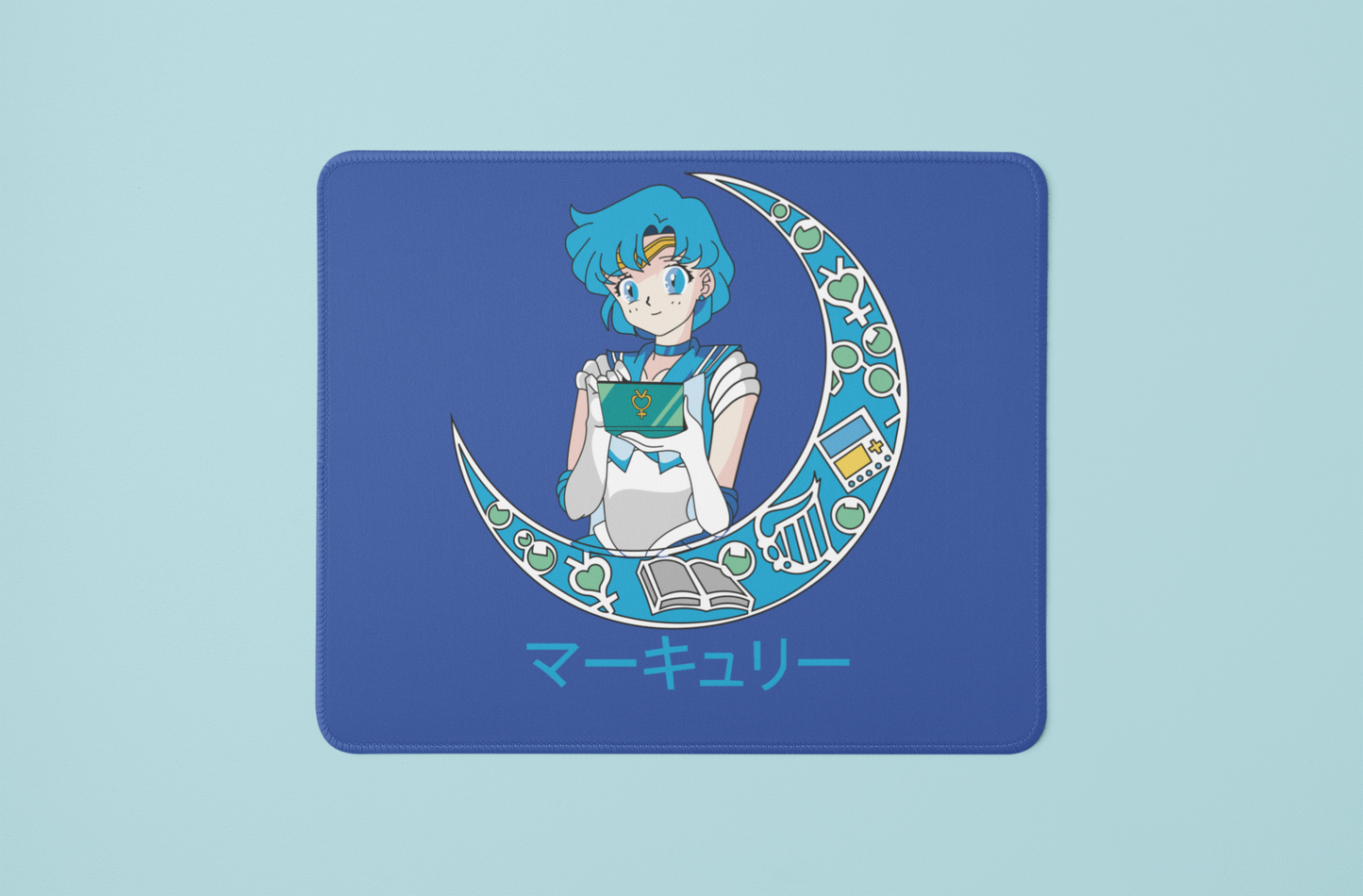 Sailor Mercury Crescent Moon Mouse Pad against minimalist surface.