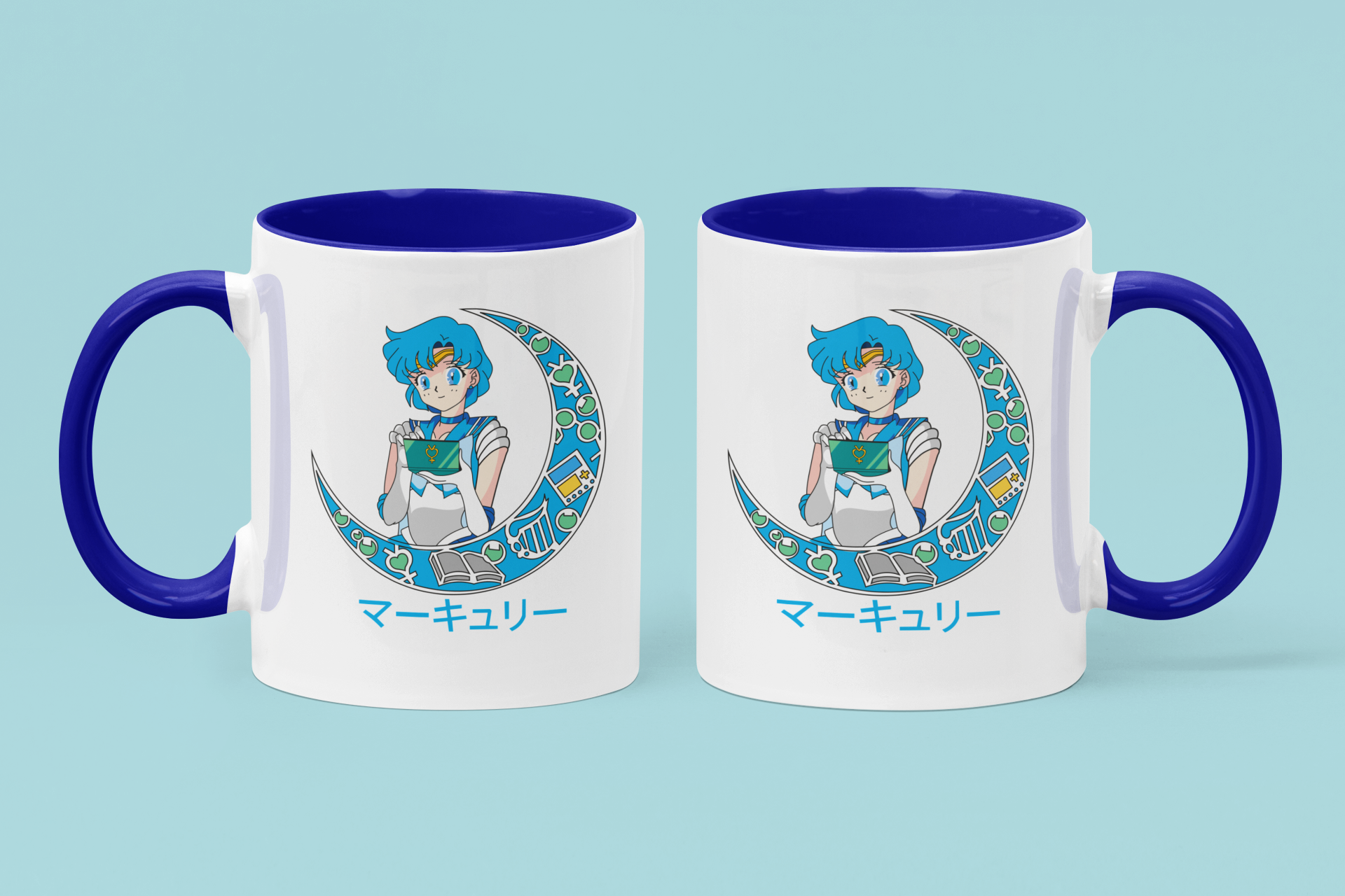 Sailor Mercury Crescent Moon Mugs against minimalist surface.