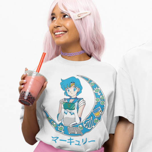 Woman wearing Sailor Mercury Crescent Moon Tee in white drinking boba tea.