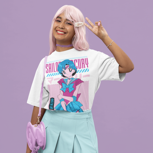 Woman wearing Sailor Mercury Crystal Power Tee in white in making a peace sign and smiling.