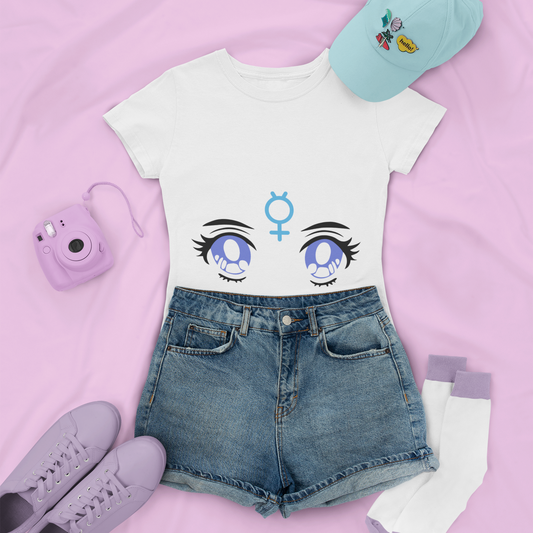 Sailor Mercury Transformation Eyes Tee in white with denim shorts, and low sneakers