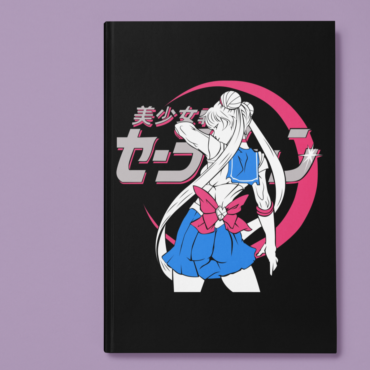 Sailor Moon Dynamic Pose Journal in black against minimalist surface.