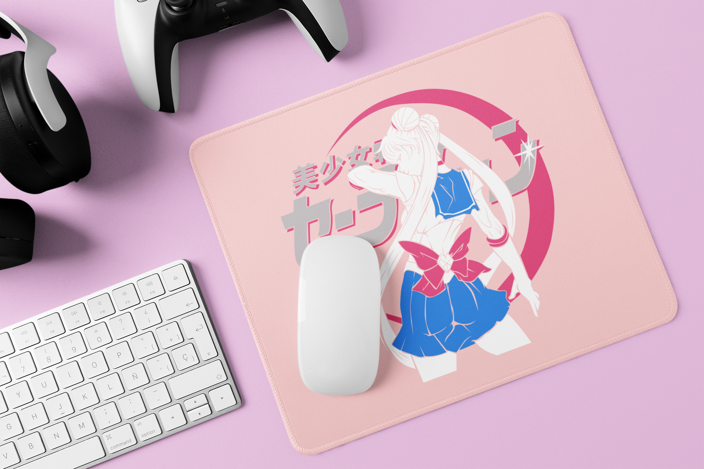 Closeup of Sailor Moon Dynamic Pose Mouse Pad in on gamer's desk surrounded by accessories