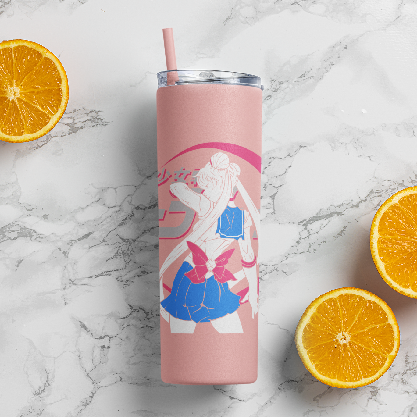 Sailor Moon Dynamic Pose Skinny Tumbler featuring some oranges