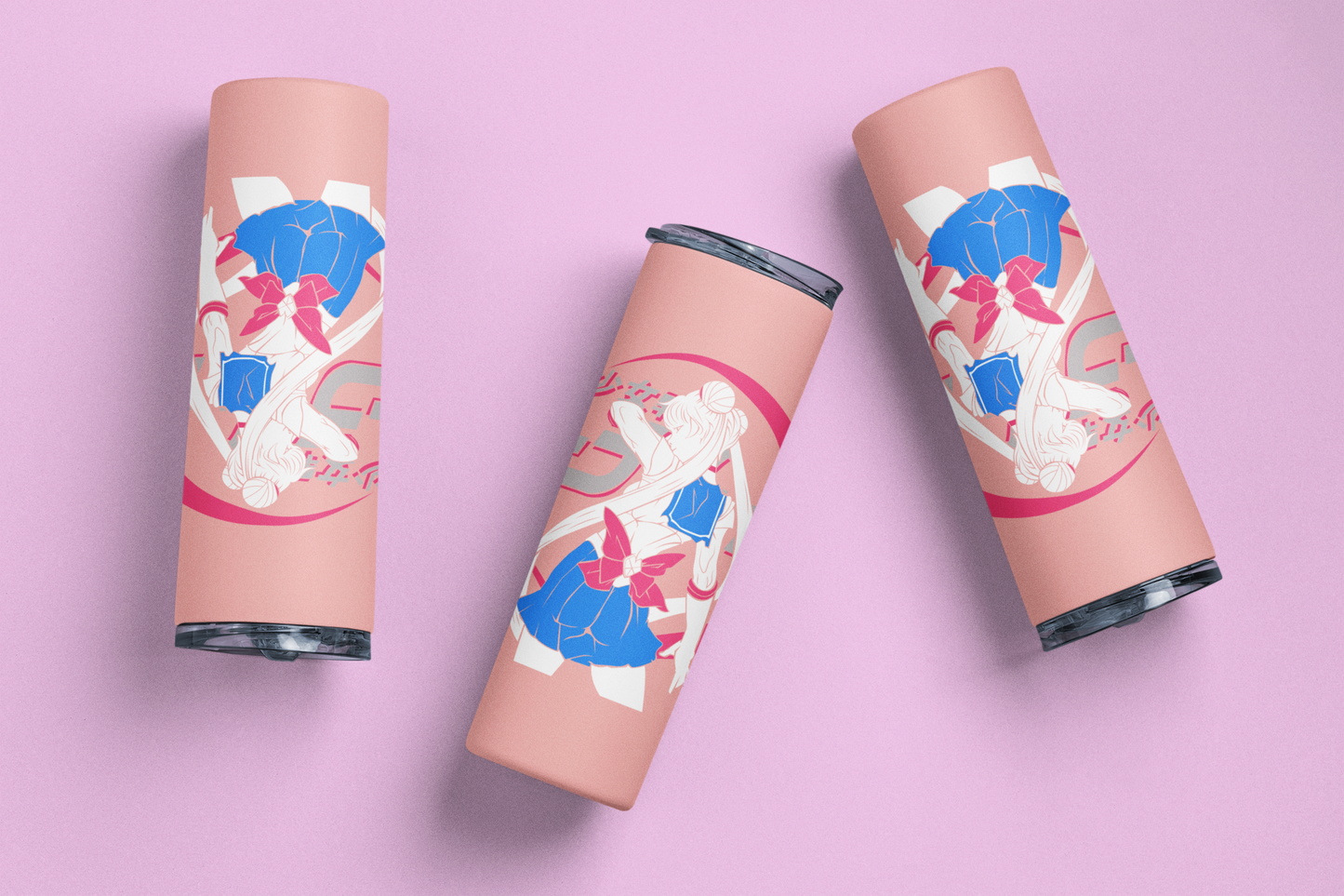 Sailor Moon Dynamic Pose Skinny Tumblers against minimalist surface.