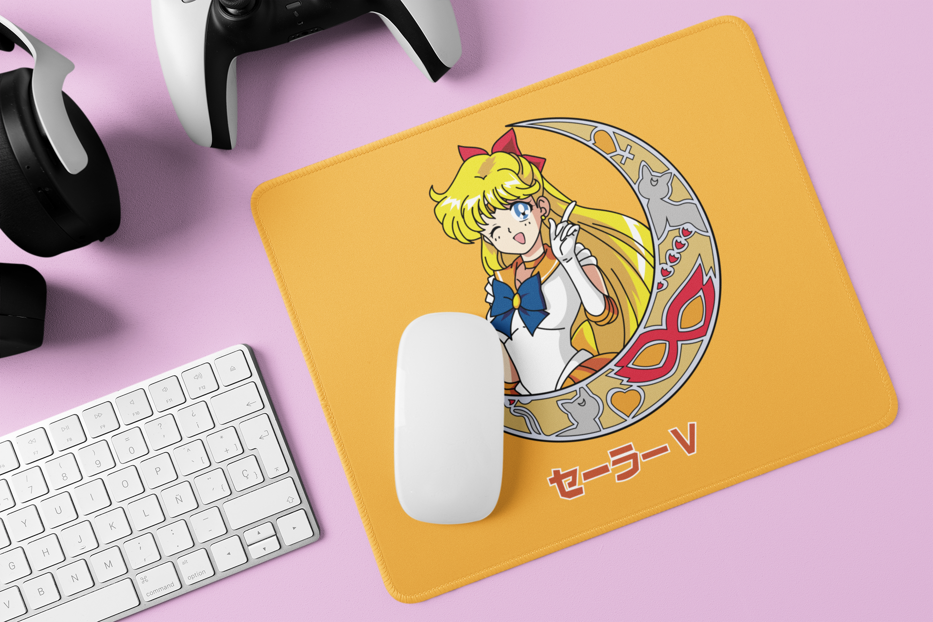 Closeup of Sailor Venus Crescent Moon Mouse Pad on gamer's desk surrounded by accessories