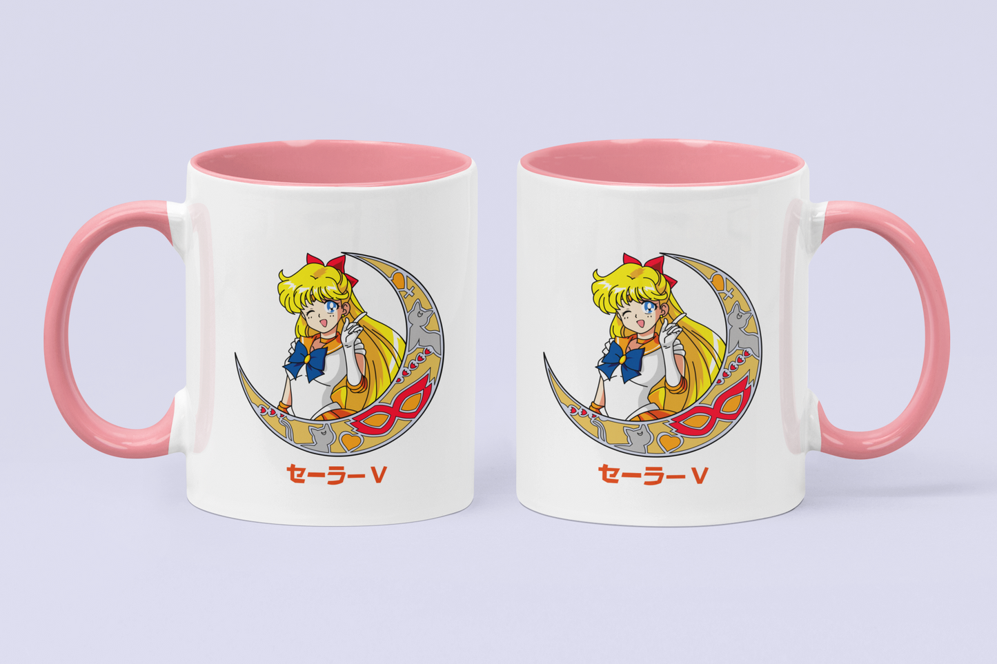 Sailor Venus Crescent Moon Mugs against minimalist surface.