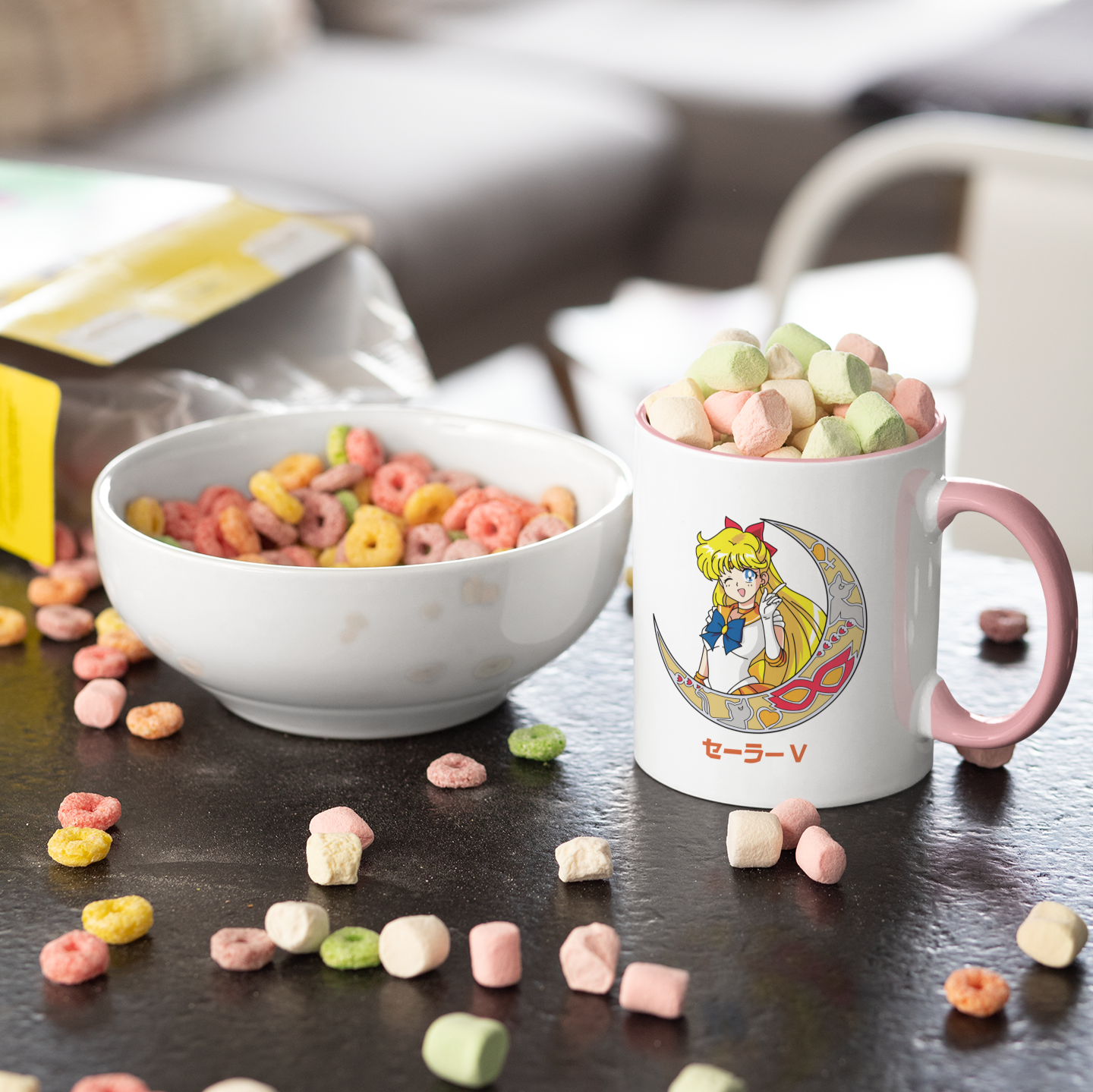 Sailor Venus Crescent Moon Mug on table next to muffin