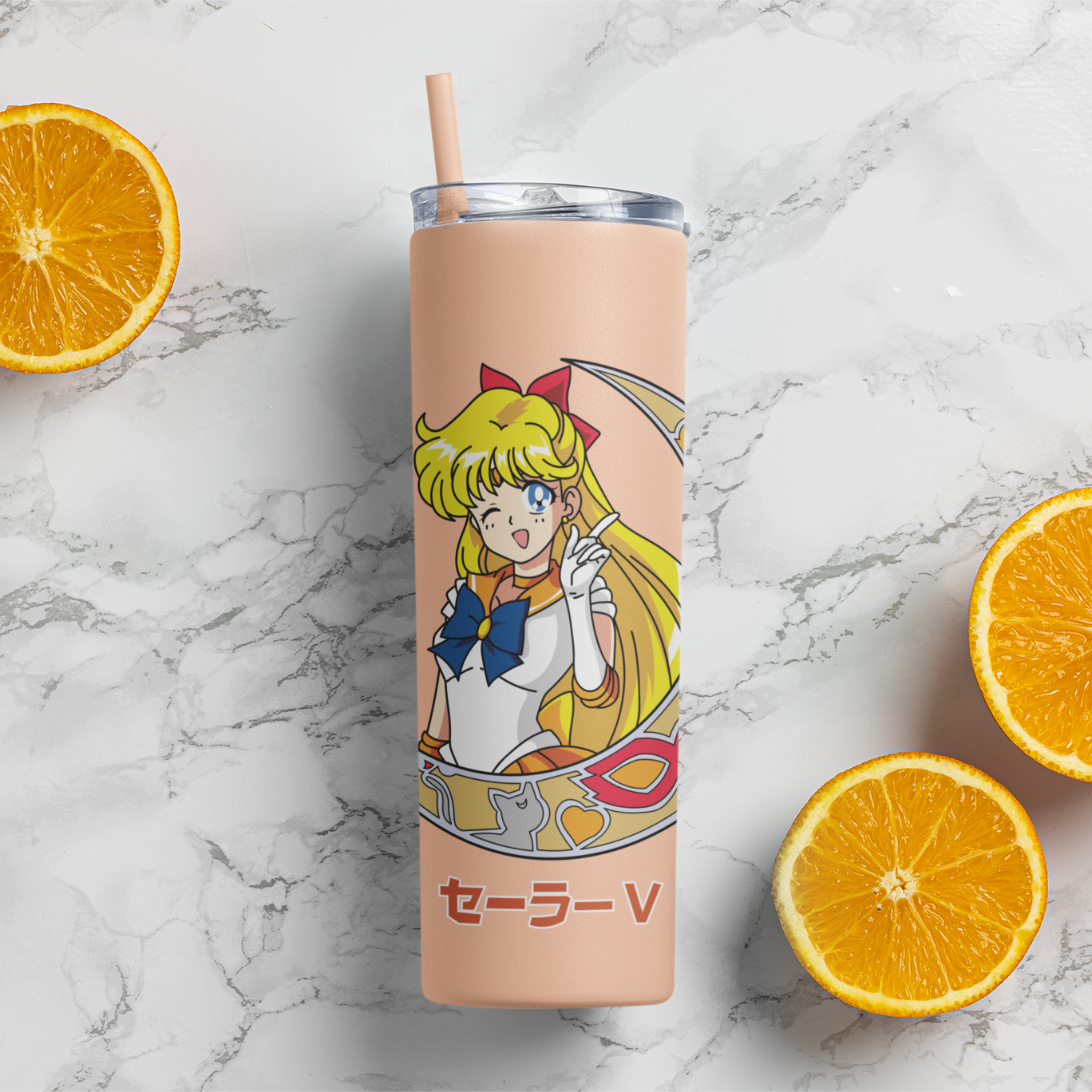 Sailor Venus Crescent Moon Skinny Tumbler featuring some oranges