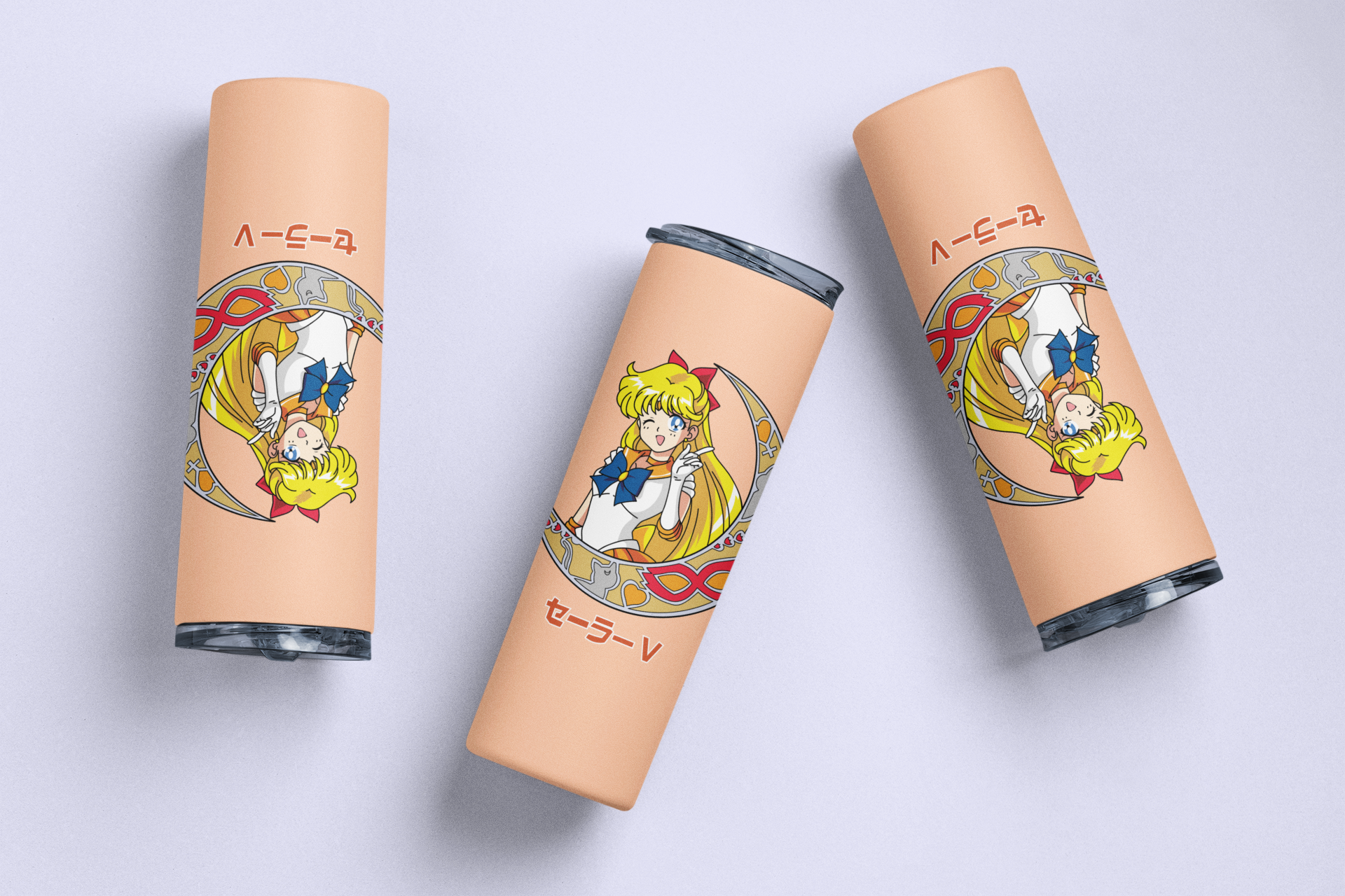 Sailor Venus Crescent Moon Skinny Tumblers in minimalist surface.