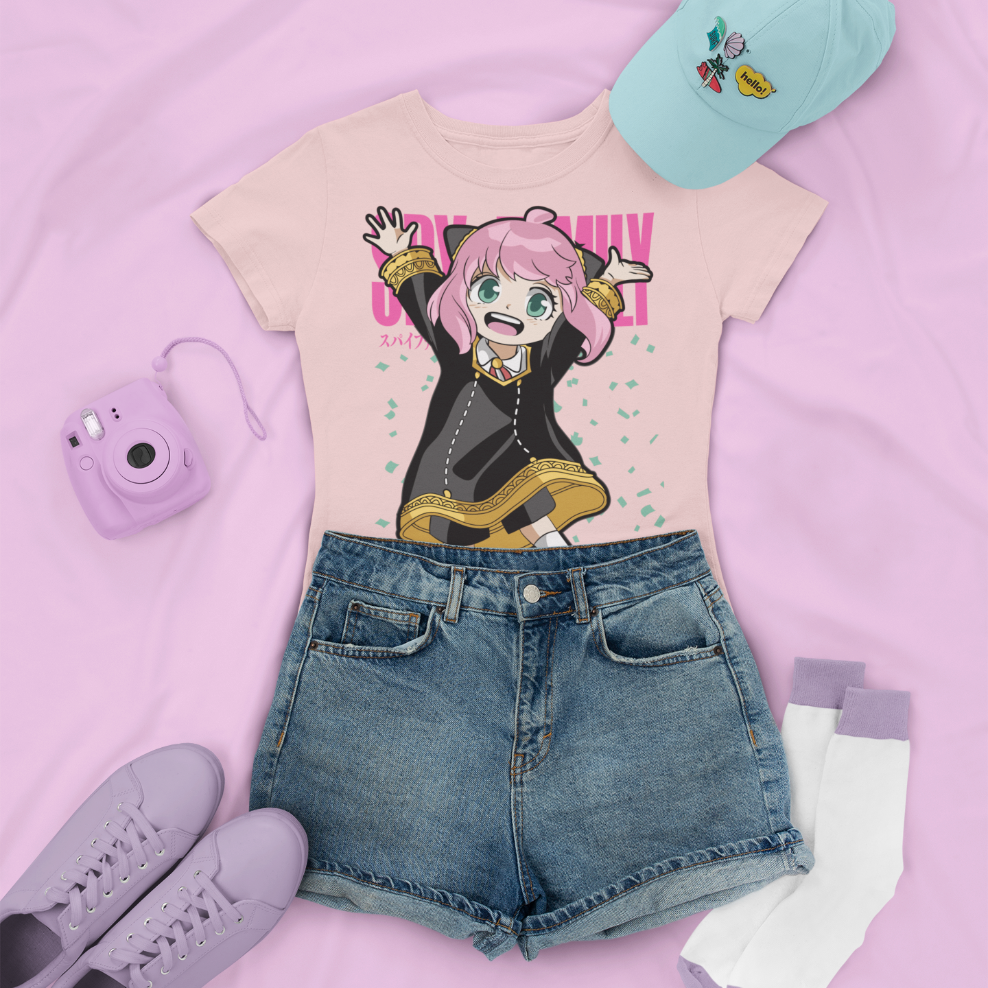 Spy X Family Anya Forger Tee in pink with denim shorts, and low sneakers