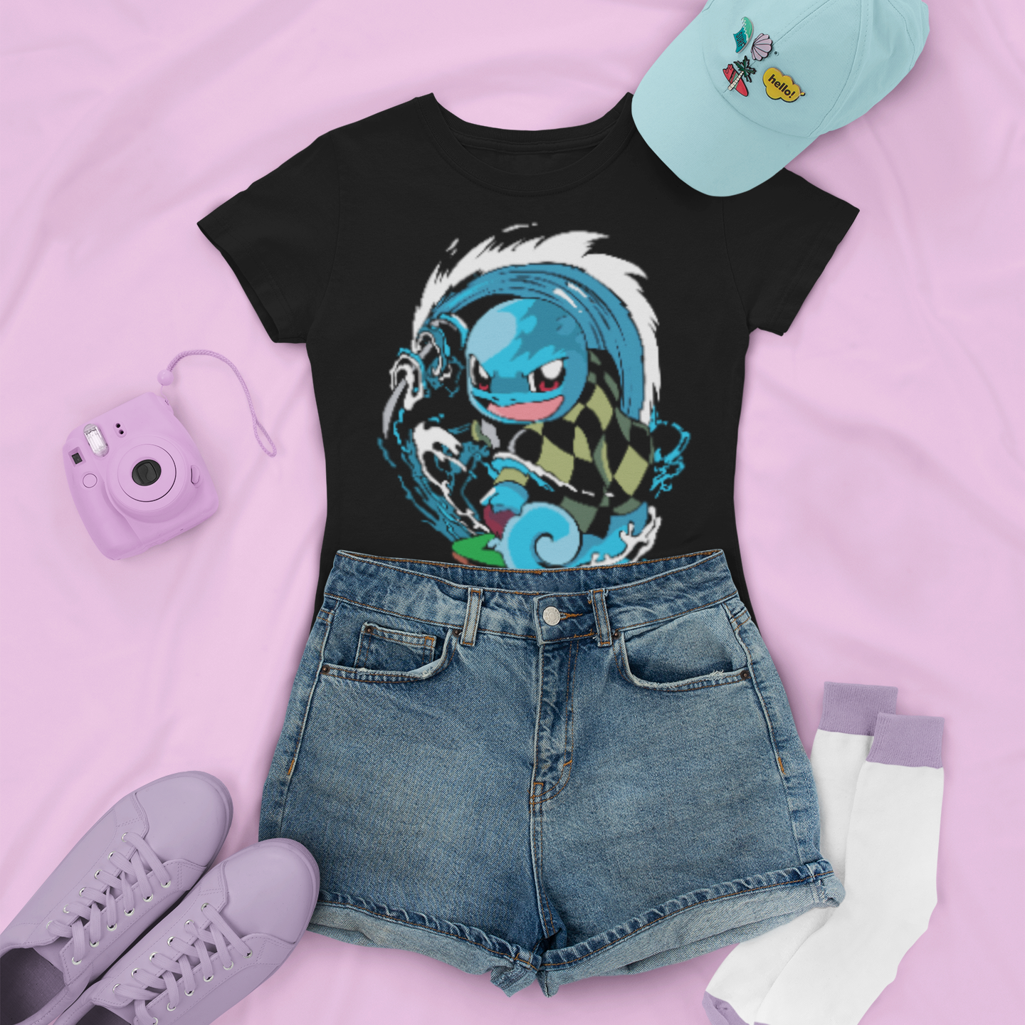 Squirtle Tanjiro Fusion Tee in black with denim shorts, and low sneakers